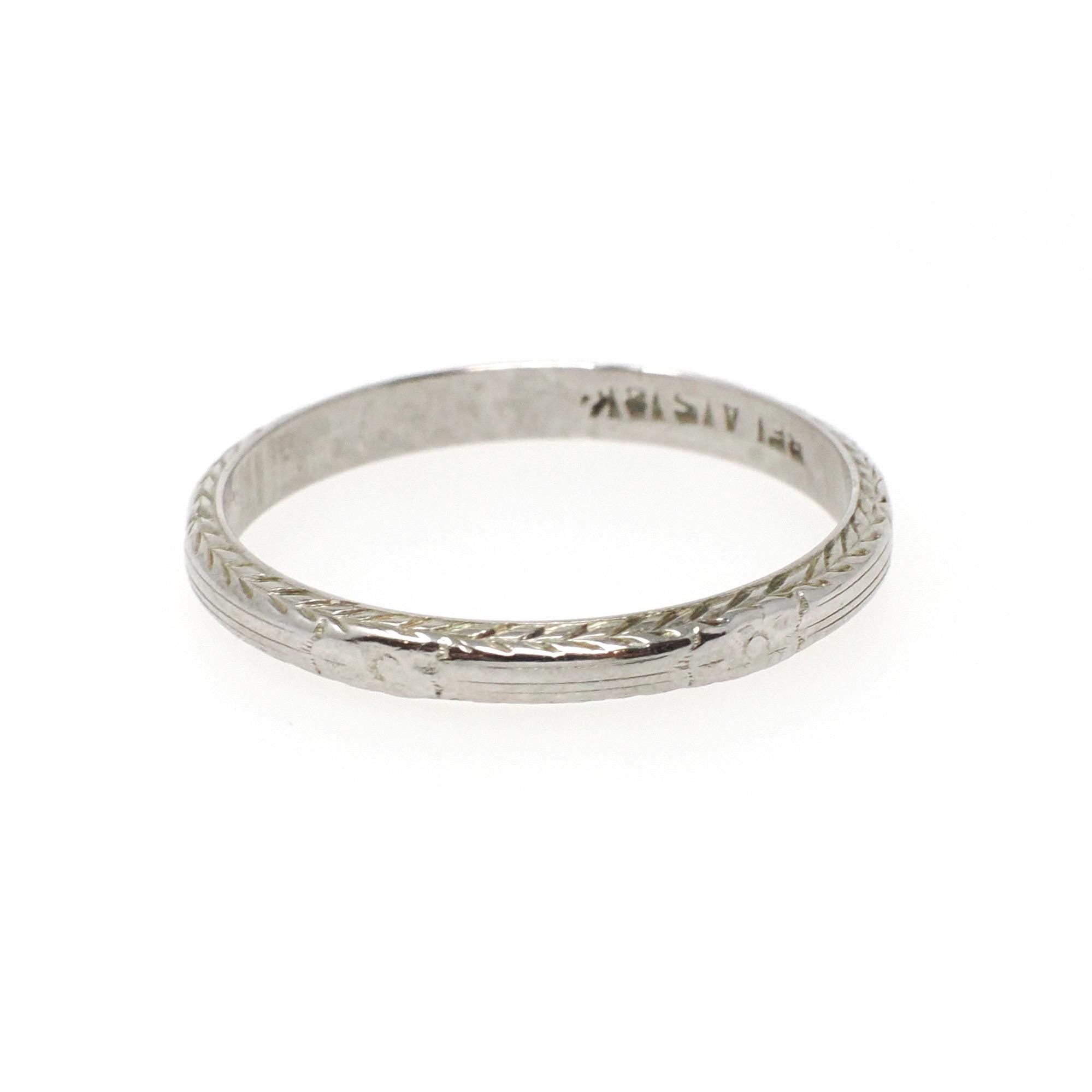 Antique Wedding Band - Art Deco Era 18k White Gold Eternity Floral Wheat Design Ring - Circa 1920s Size 5 1/4 Wedding Bridal Belais Jewelry