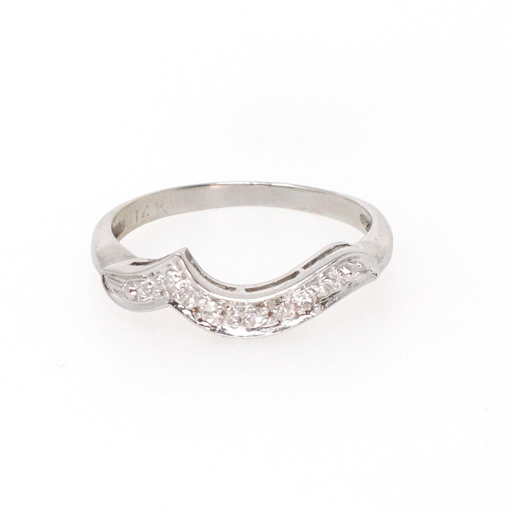 Asymmetrical Diamond Band - Mid Century 14k White Gold Curved Ring Enhancer - Vintage Circa 1960s Era Size 4 1/2 Engagement Fine Jewelry