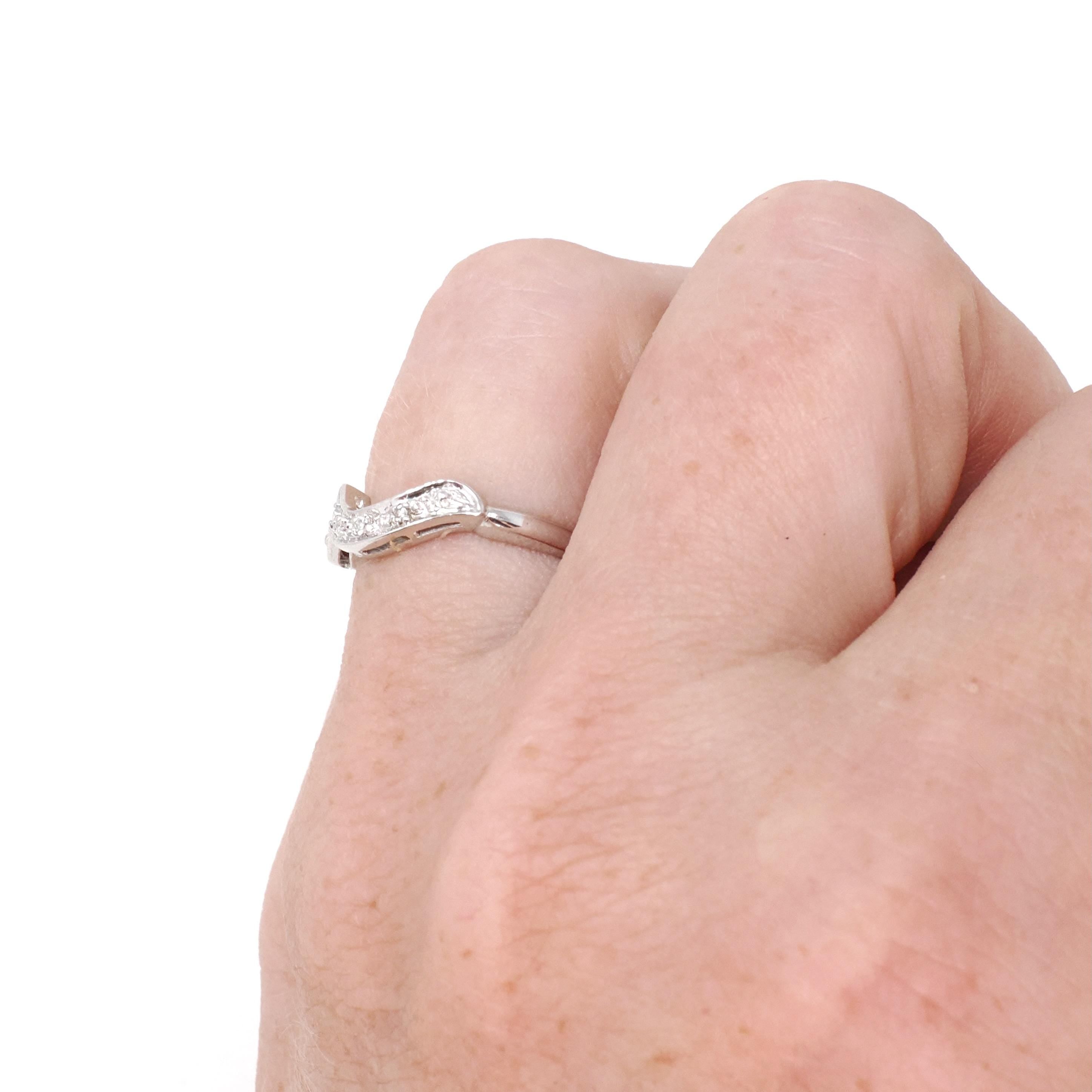 Asymmetrical Diamond Band - Mid Century 14k White Gold Curved Ring Enhancer - Vintage Circa 1960s Era Size 4 1/2 Engagement Fine Jewelry