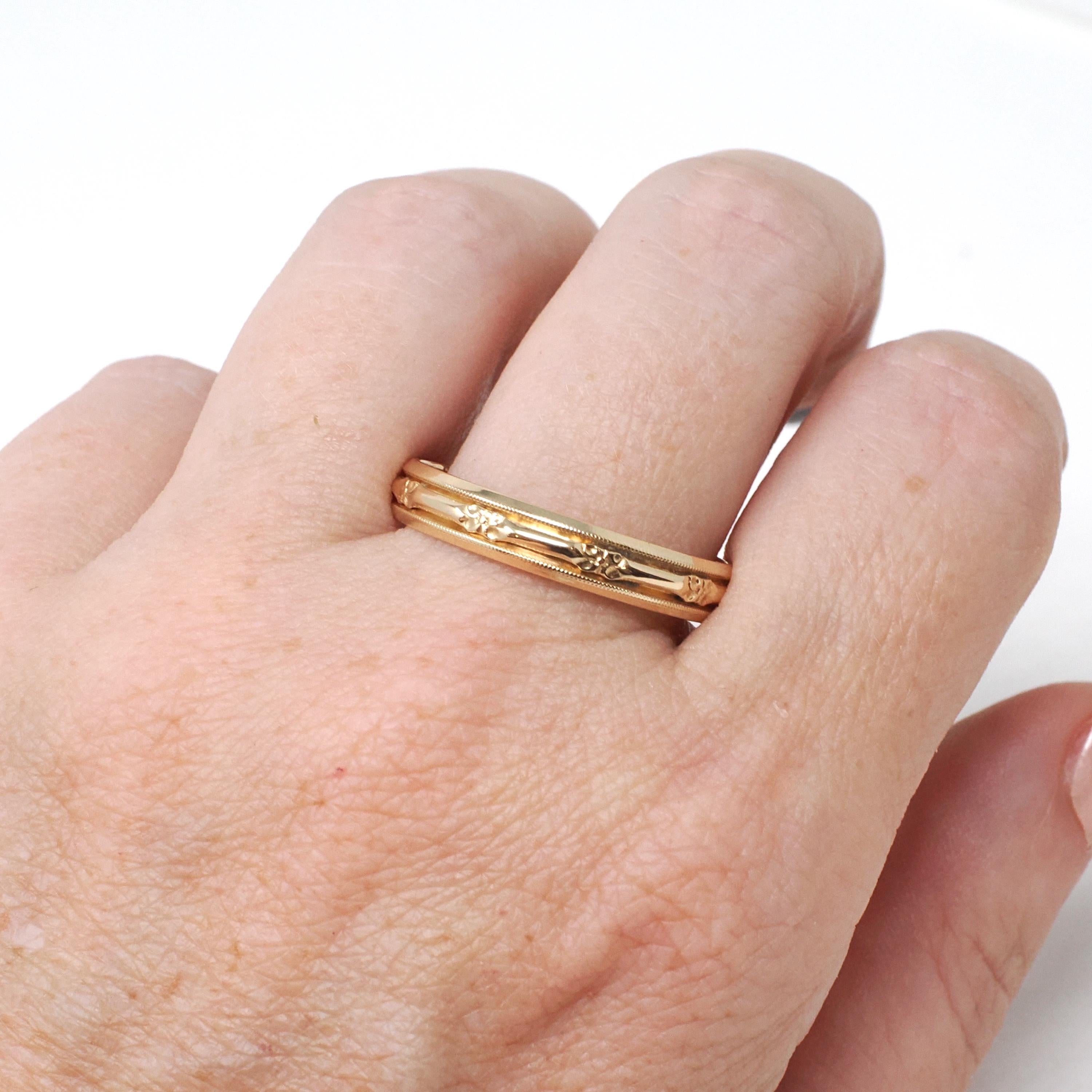 Eternity Flower Band - Retro 14k Yellow Gold Floral Stacking Wedding Ring - Circa 1950s Size 12 Unisex 4.2 MM Milgrain Bridal Fine Jewelry