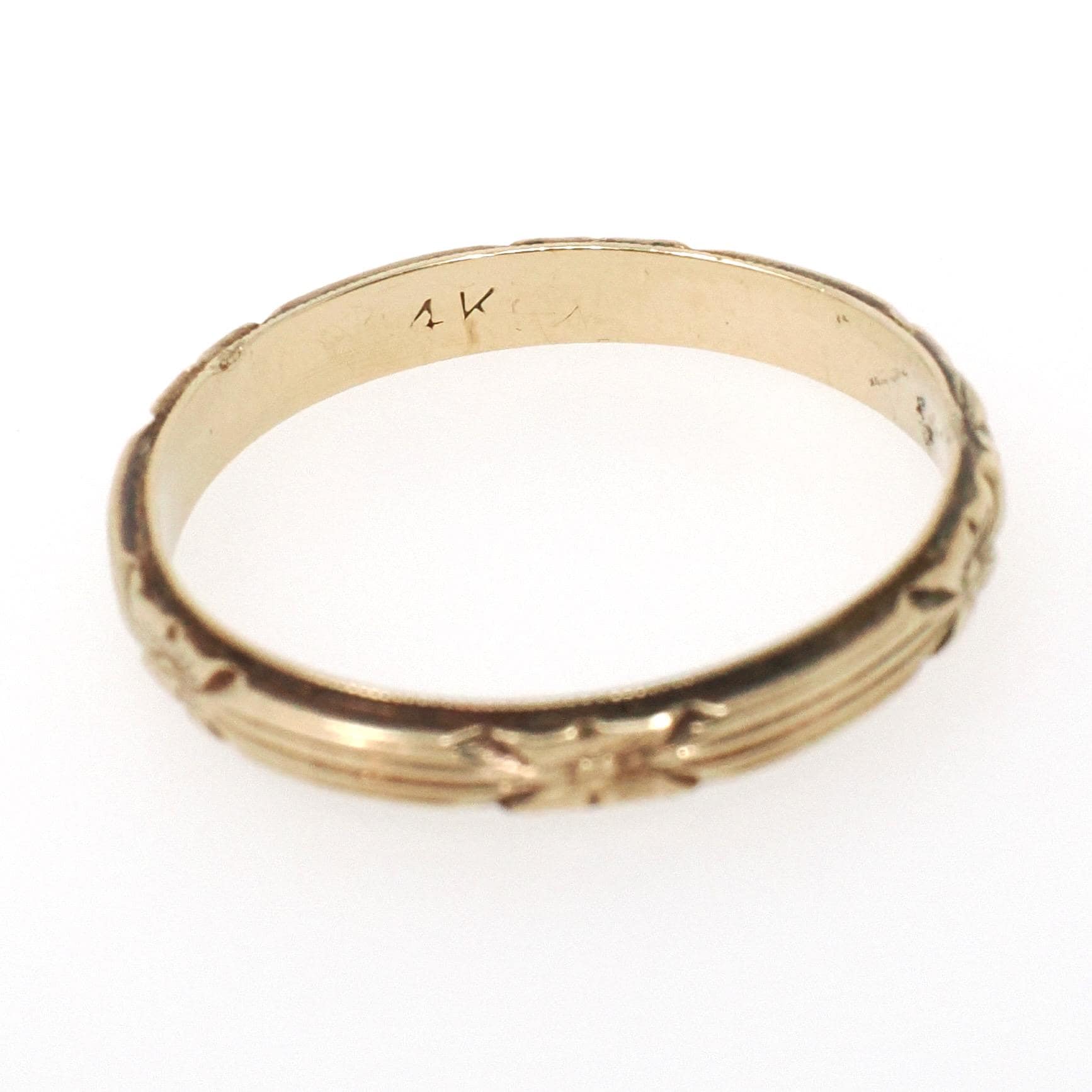 Eternity Flower Band - Art Deco 14k Yellow Gold Floral Stacking Wedding Ring - Circa 1930s Size 8 Unisex 2.8 MM Milgrain Bridal Fine Jewelry