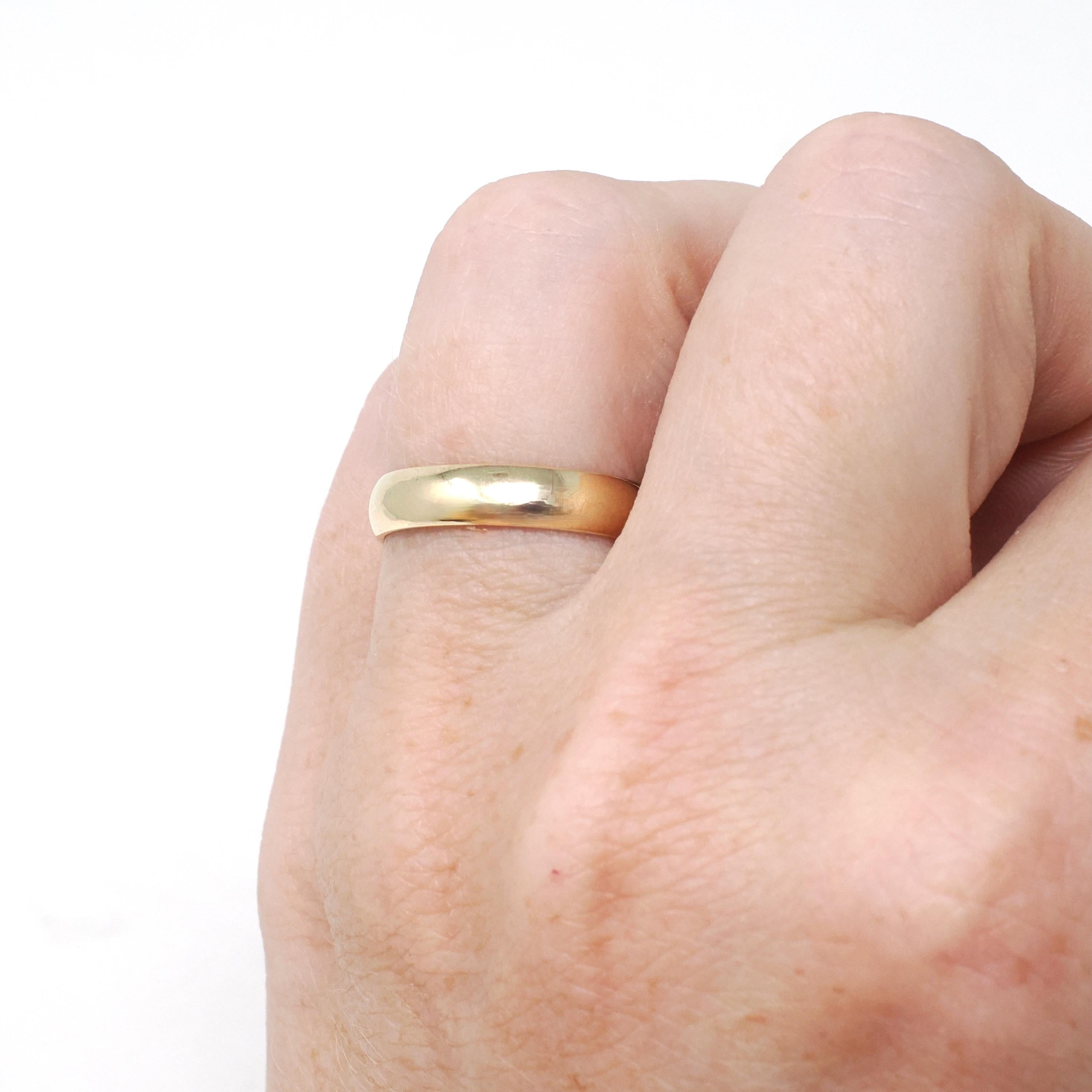 Modern Wedding Band - English 9k Yellow Gold 3.8 MM Half Round Ring - Circa 1980s Era Size 5 3/4 Bold Gold Stacking Fine Bridal Jewelry