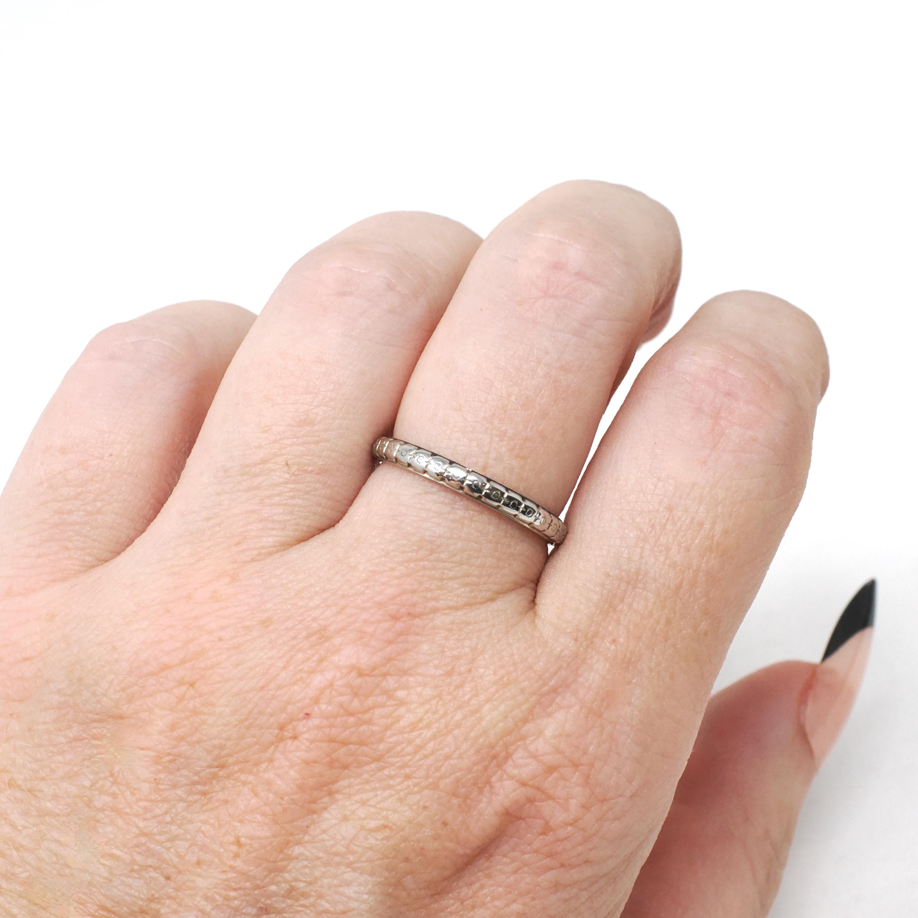 Edwardian Wedding Band - Antique 18k White Gold Orange Blossom 2.4MM Eternity Ring - Circa 1916 Size 6 Engraved Bridal Fine Stacking Jewelry