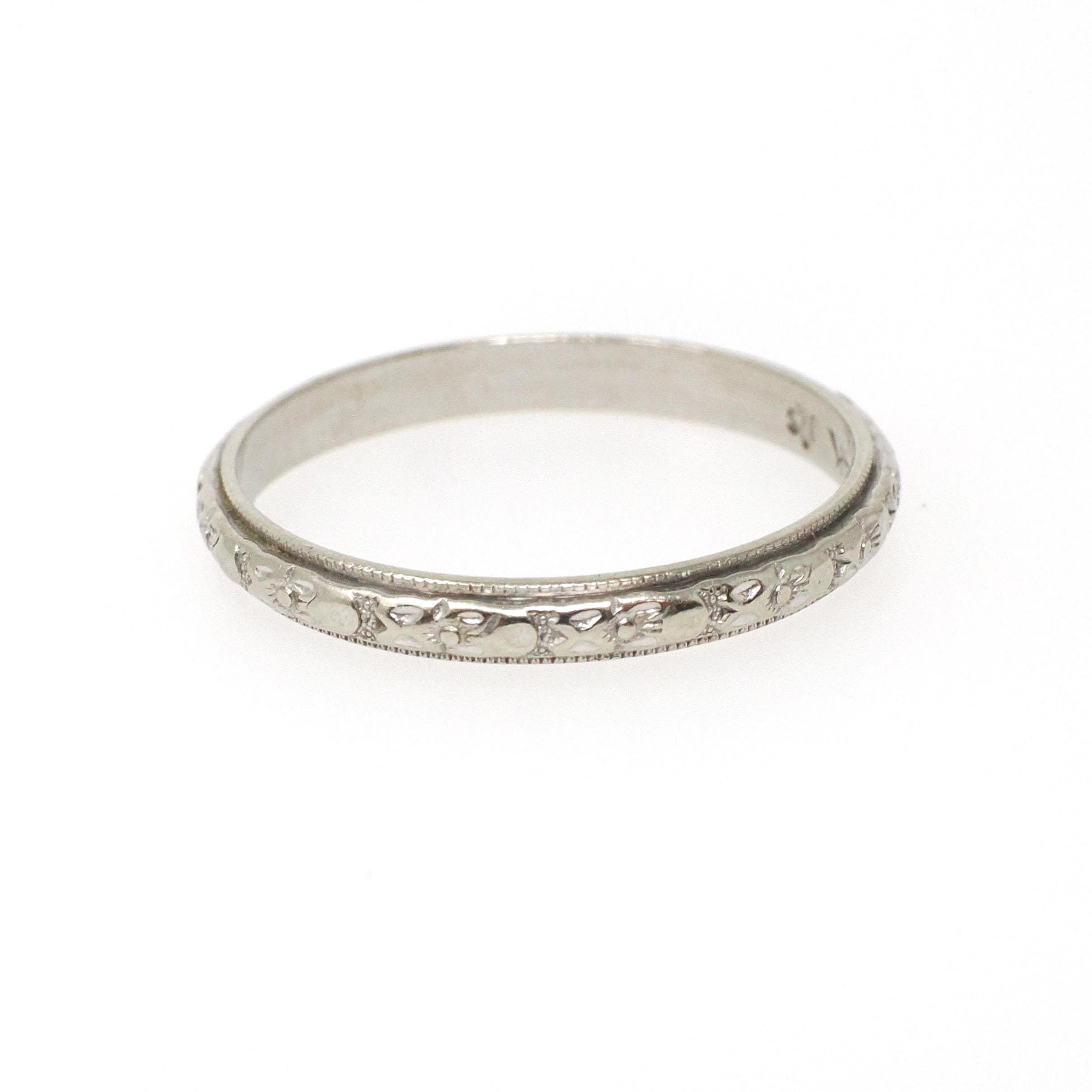 Art Deco Wedding Band - Antique 14k White Gold Orange Blossom 2.7 MM Eternity Ring - Circa 1930s Era Size 8 1/4 Engraved Bridal Fine Jewelry