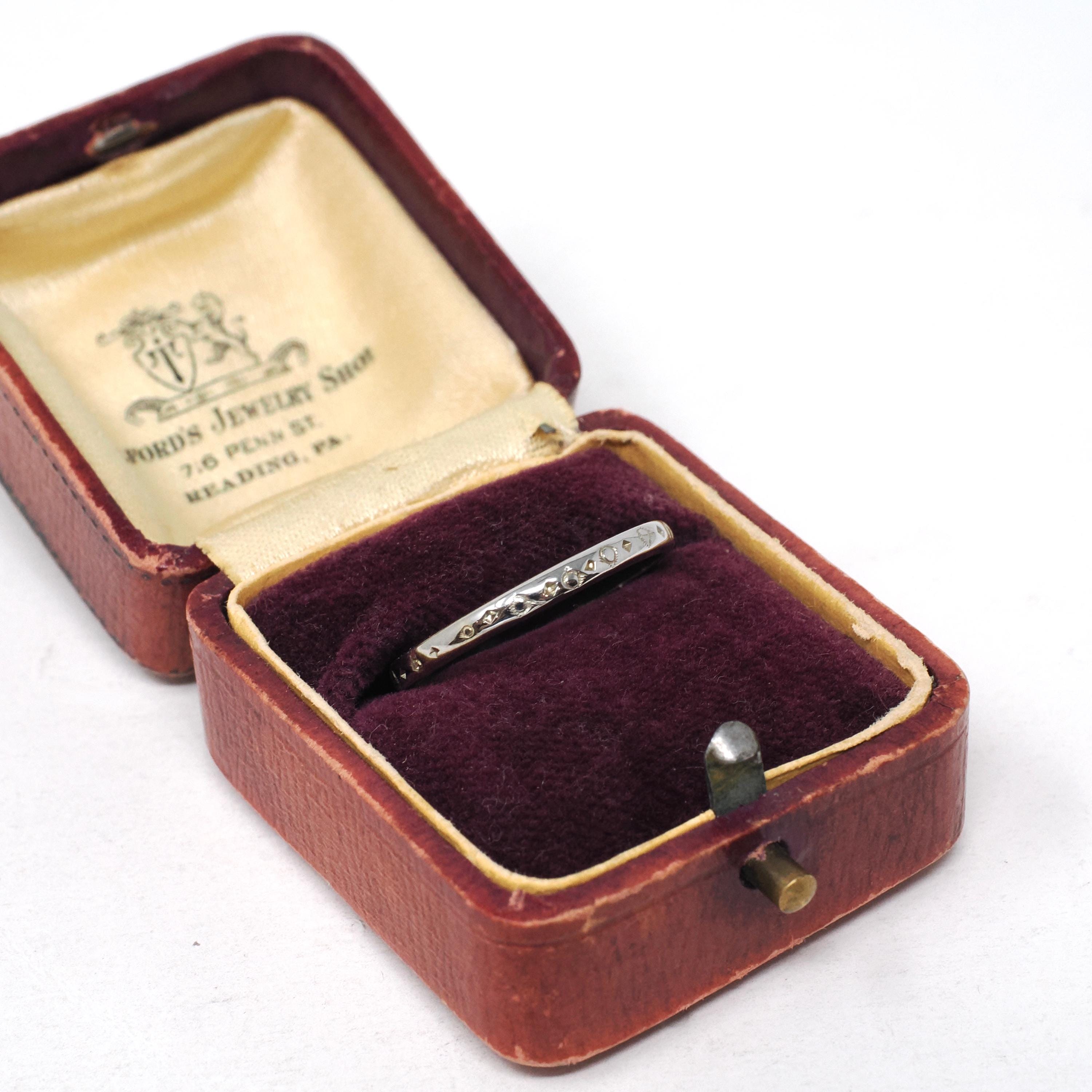 Art Deco Wedding Band - Antique 18k White Gold Orange Blossom 2.2 MM Eternity Ring - Circa 1920s Era Size 8 Engraved Bridal Fine Jewelry