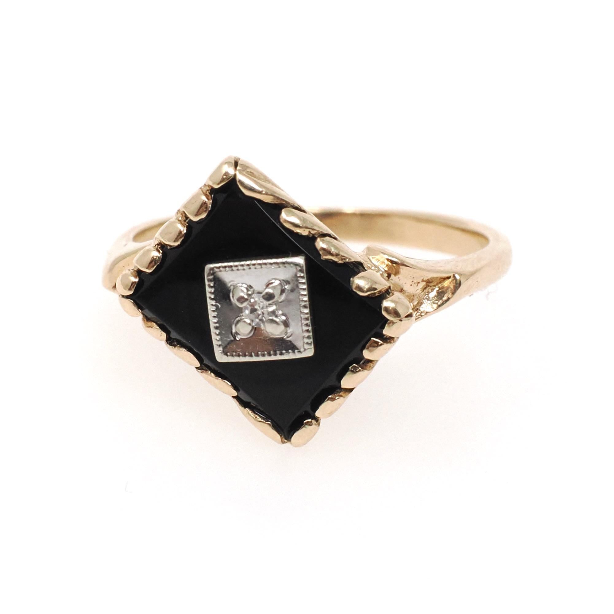 Mid Century Onyx Ring - Vintage 10k Yellow Gold Black Chalcedony Gemstone - Circa 1950s Size 6 1/4 Natural Diamond Statement Fine Jewelry