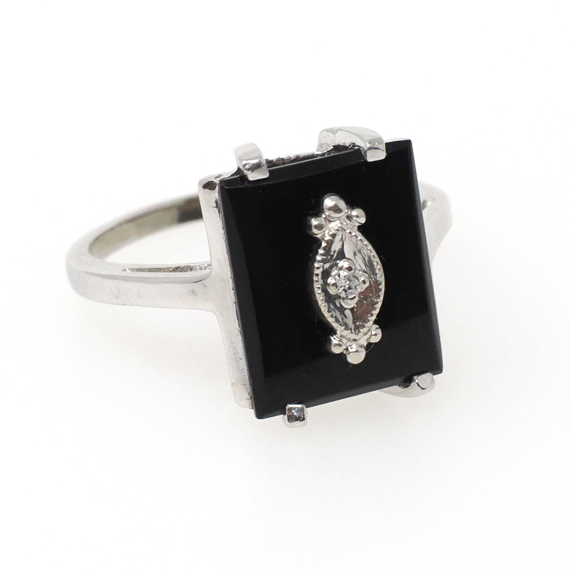 Vintage Onyx Ring - Mid Century 10k White Gold Black Chalcedony Gemstone - Circa 1950s Era Size 6 Natural Diamond Statement Fine Jewelry