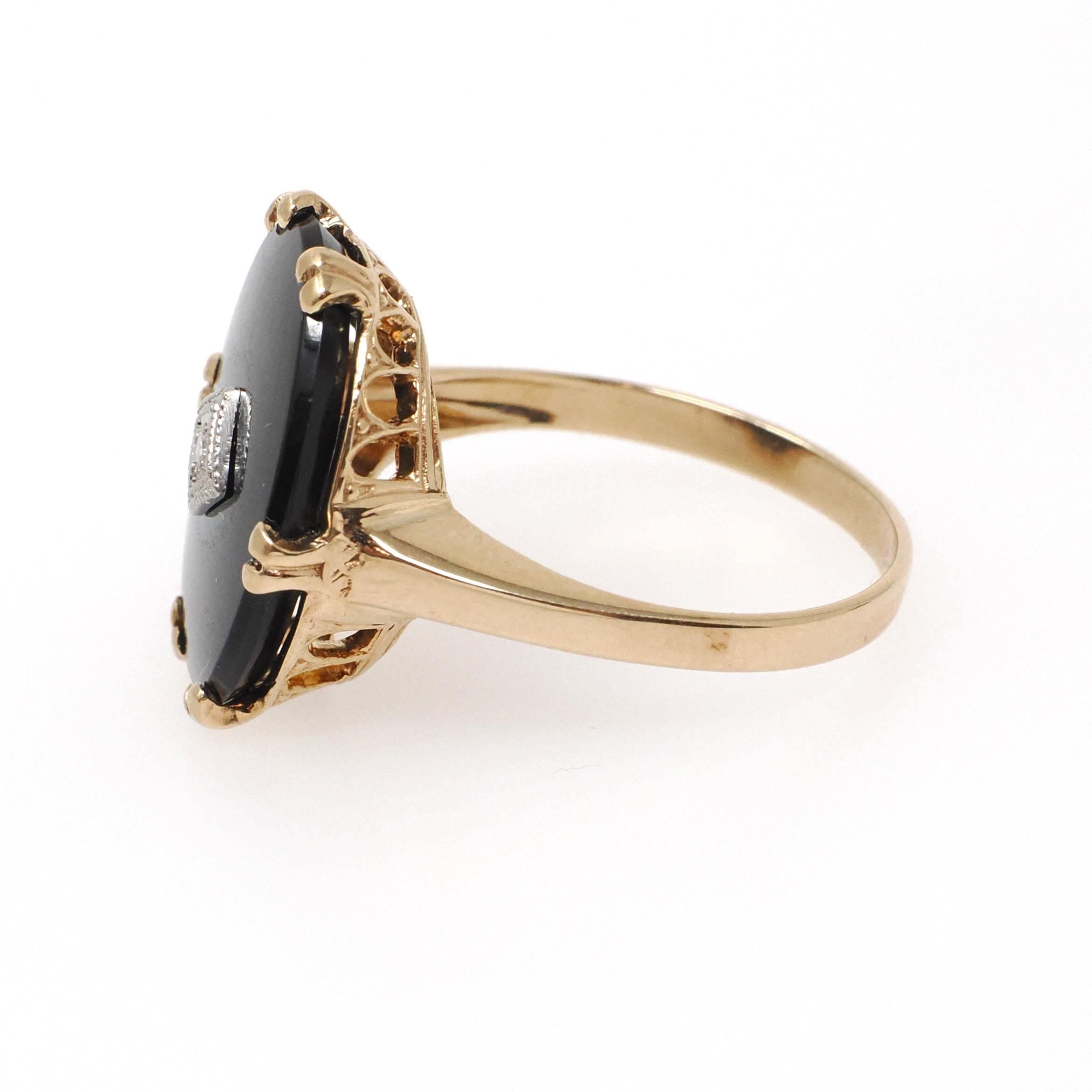 Vintage Onyx Ring - Mid Century 10k Yellow Gold Black Chalcedony & .01 CT Natural Diamond - Circa 1940s Era Size 5.5 Statement Fine Jewelry