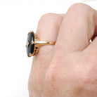 Vintage Onyx Ring - Mid Century 10k Yellow Gold Black Chalcedony & .01 CT Natural Diamond - Circa 1940s Era Size 5.5 Statement Fine Jewelry