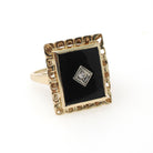 Vintage Onyx Ring - Mid Century 14k Yellow Gold Black Rectangle Gemstone - Circa 1960s Size 7 Natural Diamond Accent Fine Statement Jewelry