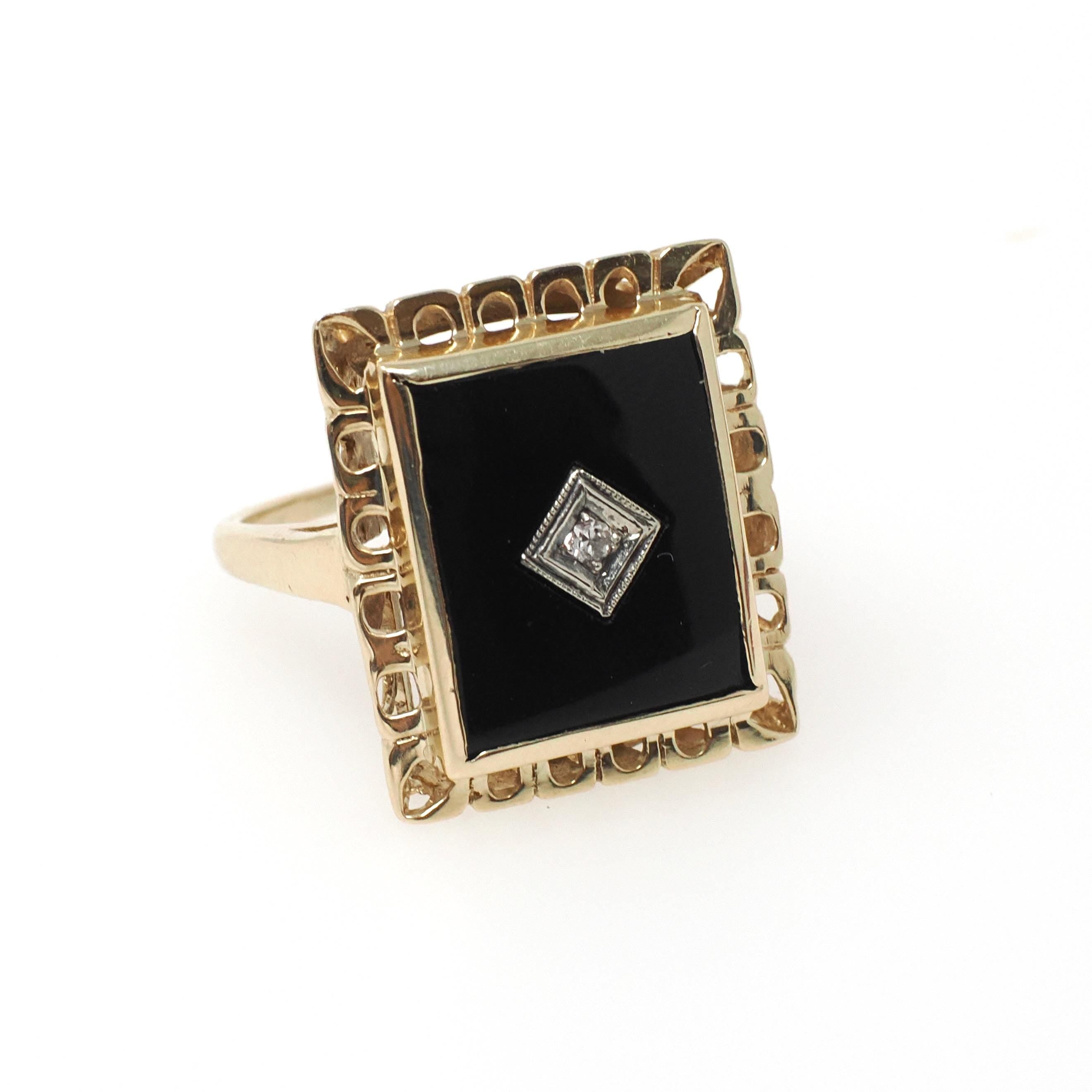 Vintage Onyx Ring - Mid Century 14k Yellow Gold Black Rectangle Gemstone - Circa 1960s Size 7 Natural Diamond Accent Fine Statement Jewelry