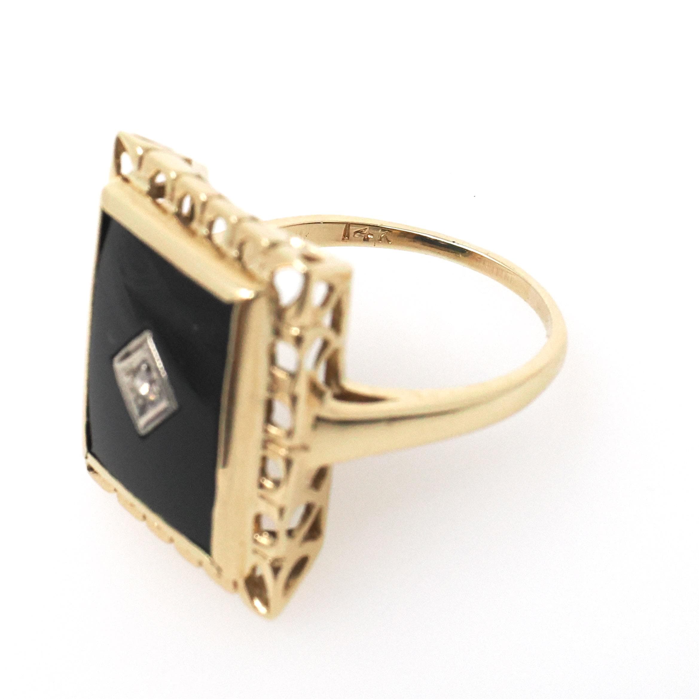 Vintage Onyx Ring - Mid Century 14k Yellow Gold Black Rectangle Gemstone - Circa 1960s Size 7 Natural Diamond Accent Fine Statement Jewelry