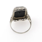 Vintage Onyx Ring - Art Deco 18k White Gold Black Chalcedony Gem - Circa 1930s Era Size 6 Natural .03 CT Diamond Filigree Fine Jewelry