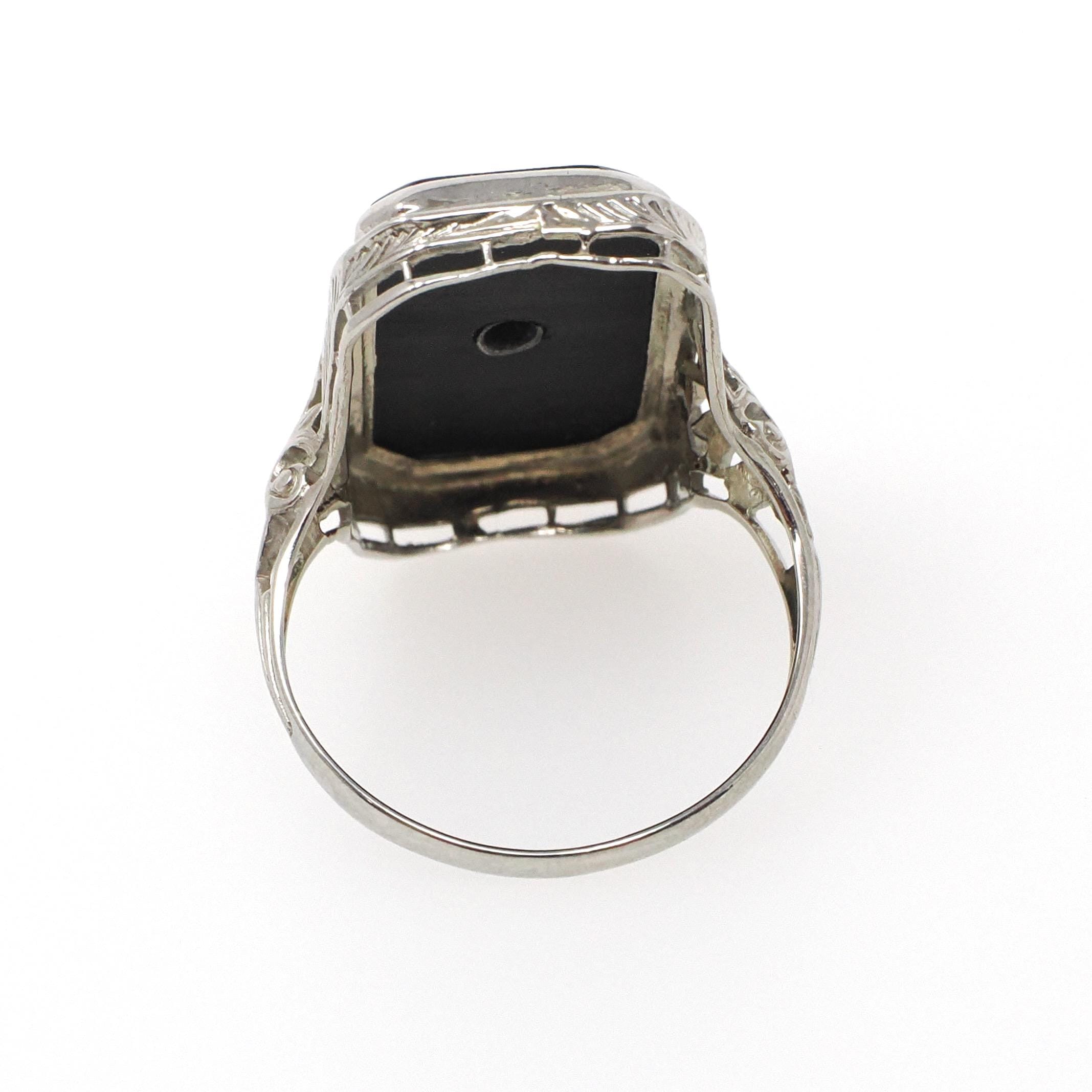 Vintage Onyx Ring - Art Deco 18k White Gold Black Chalcedony Gem - Circa 1930s Era Size 6 Natural .03 CT Diamond Filigree Fine Jewelry