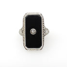 Vintage Onyx Ring - Art Deco 18k White Gold Black Chalcedony Gem - Circa 1930s Era Size 6 Natural .03 CT Diamond Filigree Fine Jewelry