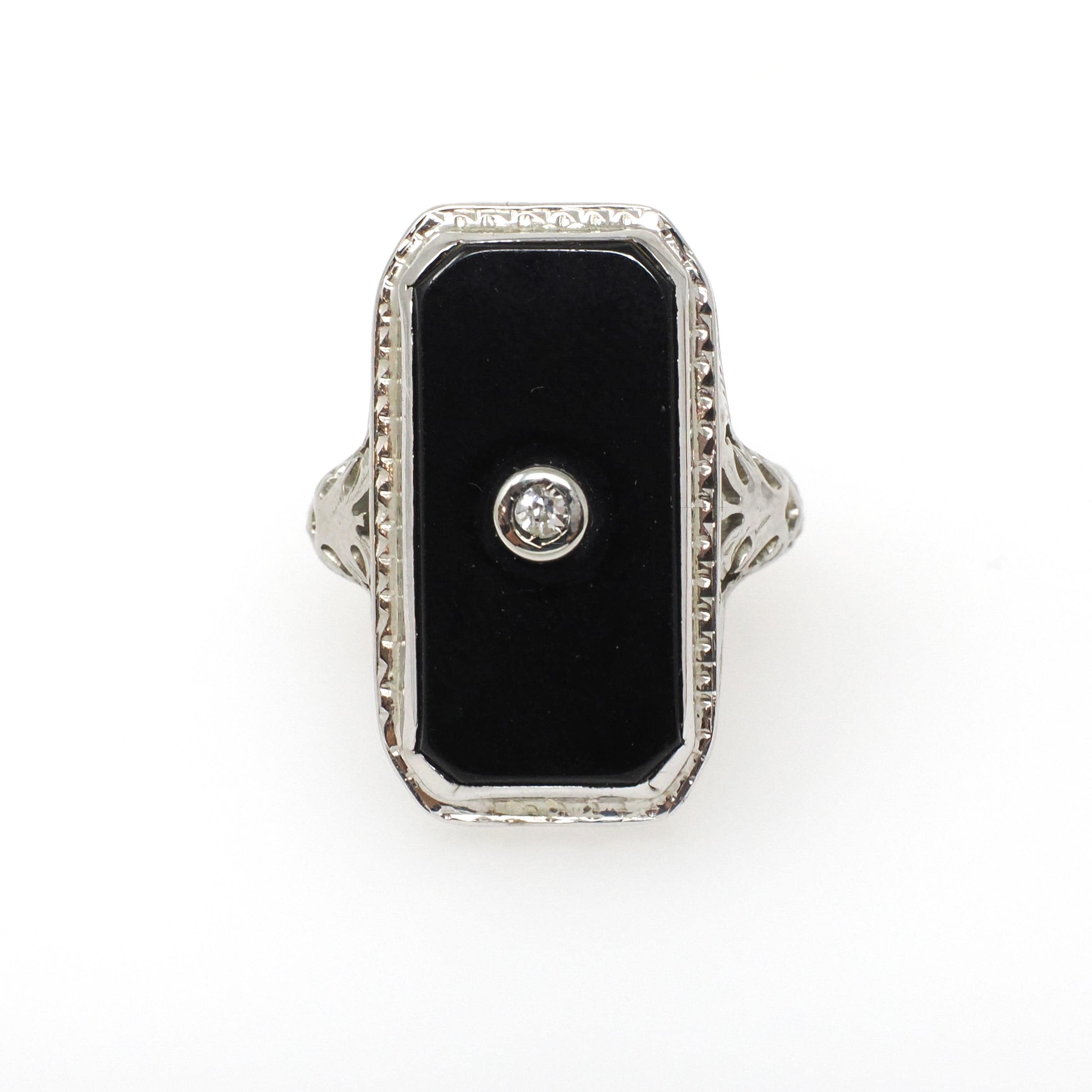 Vintage Onyx Ring - Art Deco 18k White Gold Black Chalcedony Gem - Circa 1930s Era Size 6 Natural .03 CT Diamond Filigree Fine Jewelry
