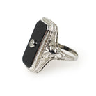 Vintage Onyx Ring - Art Deco 18k White Gold Black Chalcedony Gem - Circa 1930s Era Size 6 Natural .03 CT Diamond Filigree Fine Jewelry