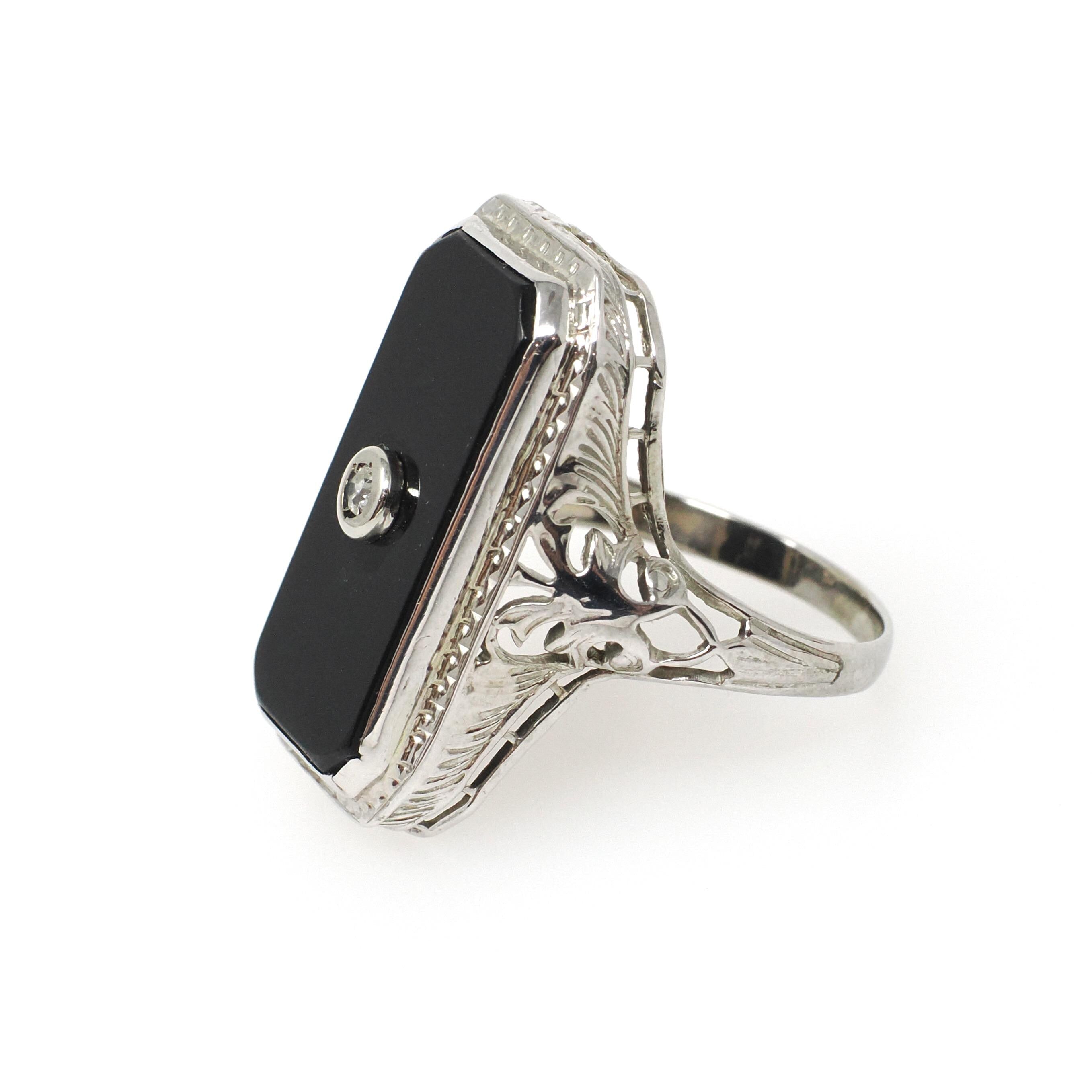 Vintage Onyx Ring - Art Deco 18k White Gold Black Chalcedony Gem - Circa 1930s Era Size 6 Natural .03 CT Diamond Filigree Fine Jewelry
