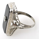 Vintage Onyx Ring - Art Deco 18k White Gold Black Chalcedony Gem - Circa 1930s Era Size 6 Natural .03 CT Diamond Filigree Fine Jewelry