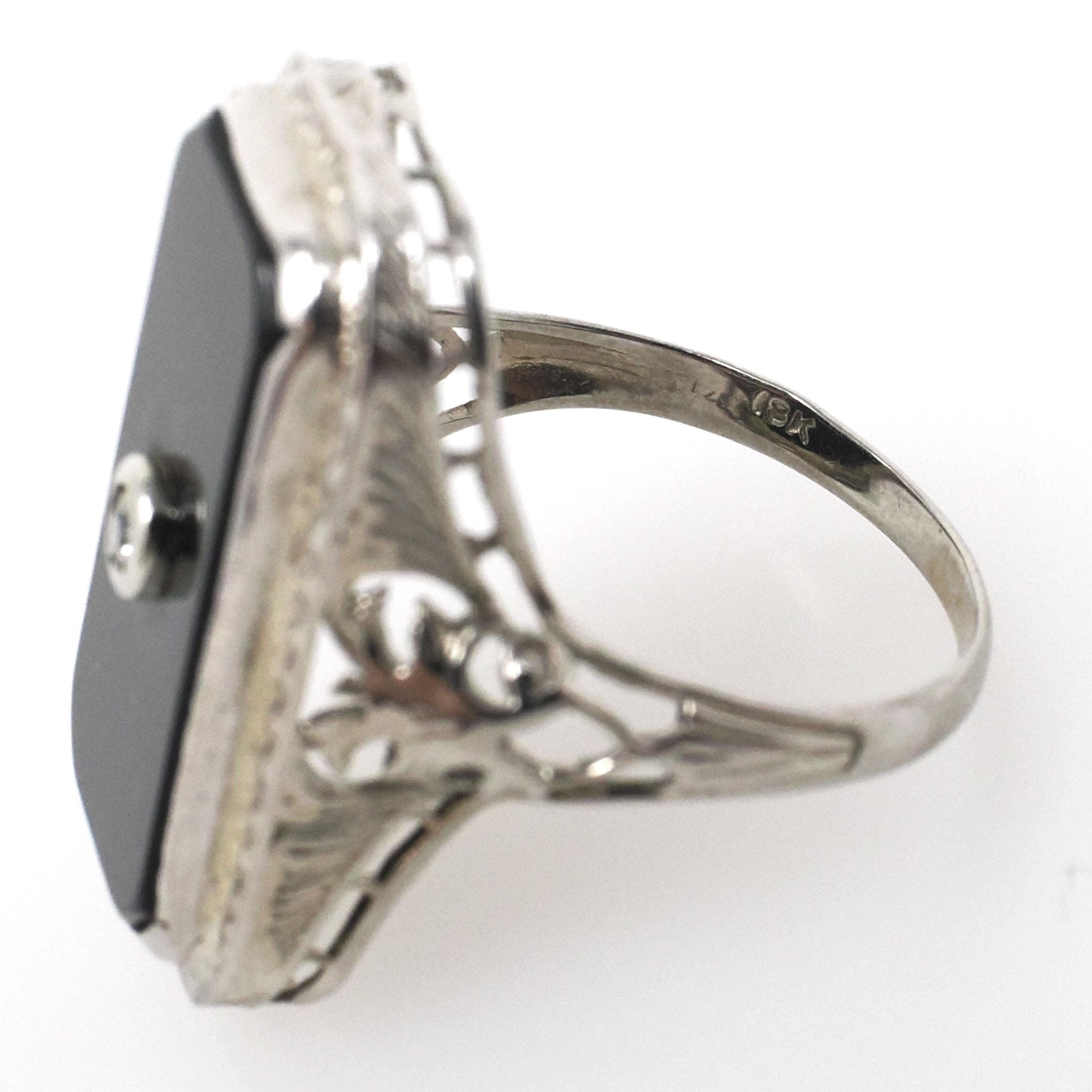 Vintage Onyx Ring - Art Deco 18k White Gold Black Chalcedony Gem - Circa 1930s Era Size 6 Natural .03 CT Diamond Filigree Fine Jewelry