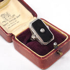 Vintage Onyx Ring - Art Deco 18k White Gold Black Chalcedony Gem - Circa 1930s Era Size 6 Natural .03 CT Diamond Filigree Fine Jewelry