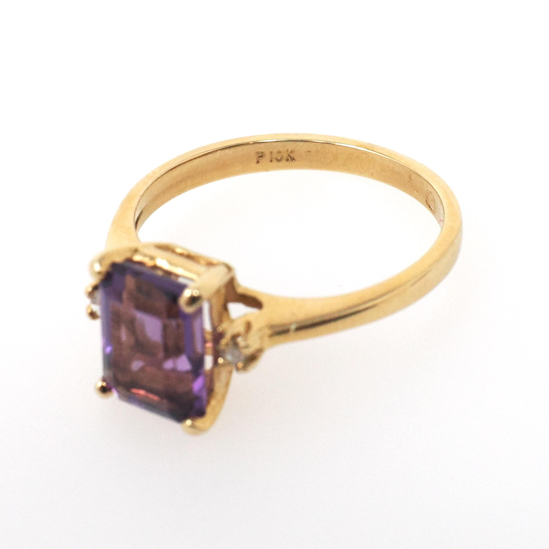 Amethyst & Diamond Ring - Modern Era 10k Yellow Gold Emerald Cut Purple Gem - Estate Circa 2000s Size 5 1/2 February Birthstone Fine Jewelry
