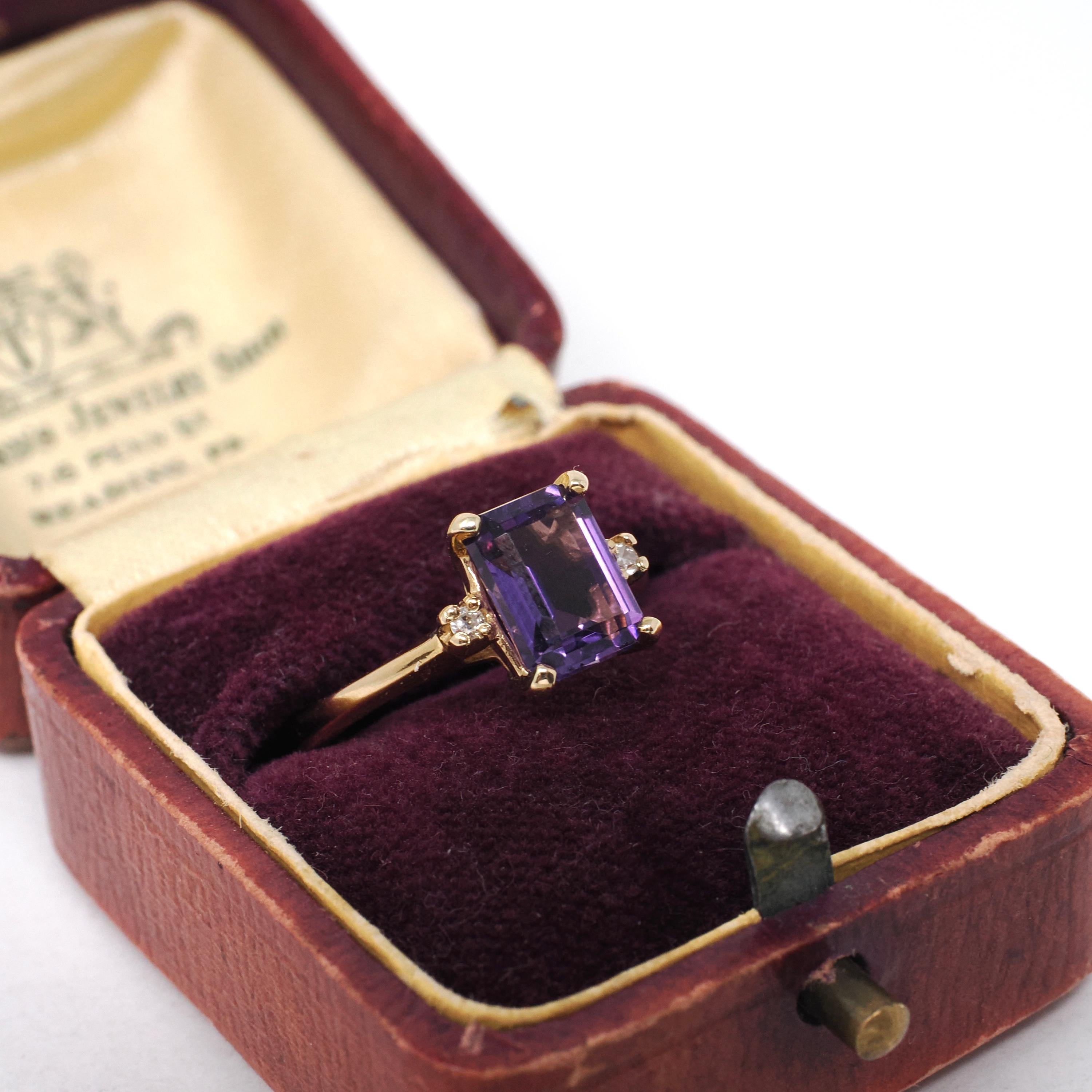 Amethyst & Diamond Ring - Modern Era 10k Yellow Gold Emerald Cut Purple Gem - Estate Circa 2000s Size 5 1/2 February Birthstone Fine Jewelry
