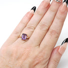Amethyst & Diamond Ring - Modern Era 10k Yellow Gold Emerald Cut Purple Gem - Estate Circa 2000s Size 5 1/2 February Birthstone Fine Jewelry