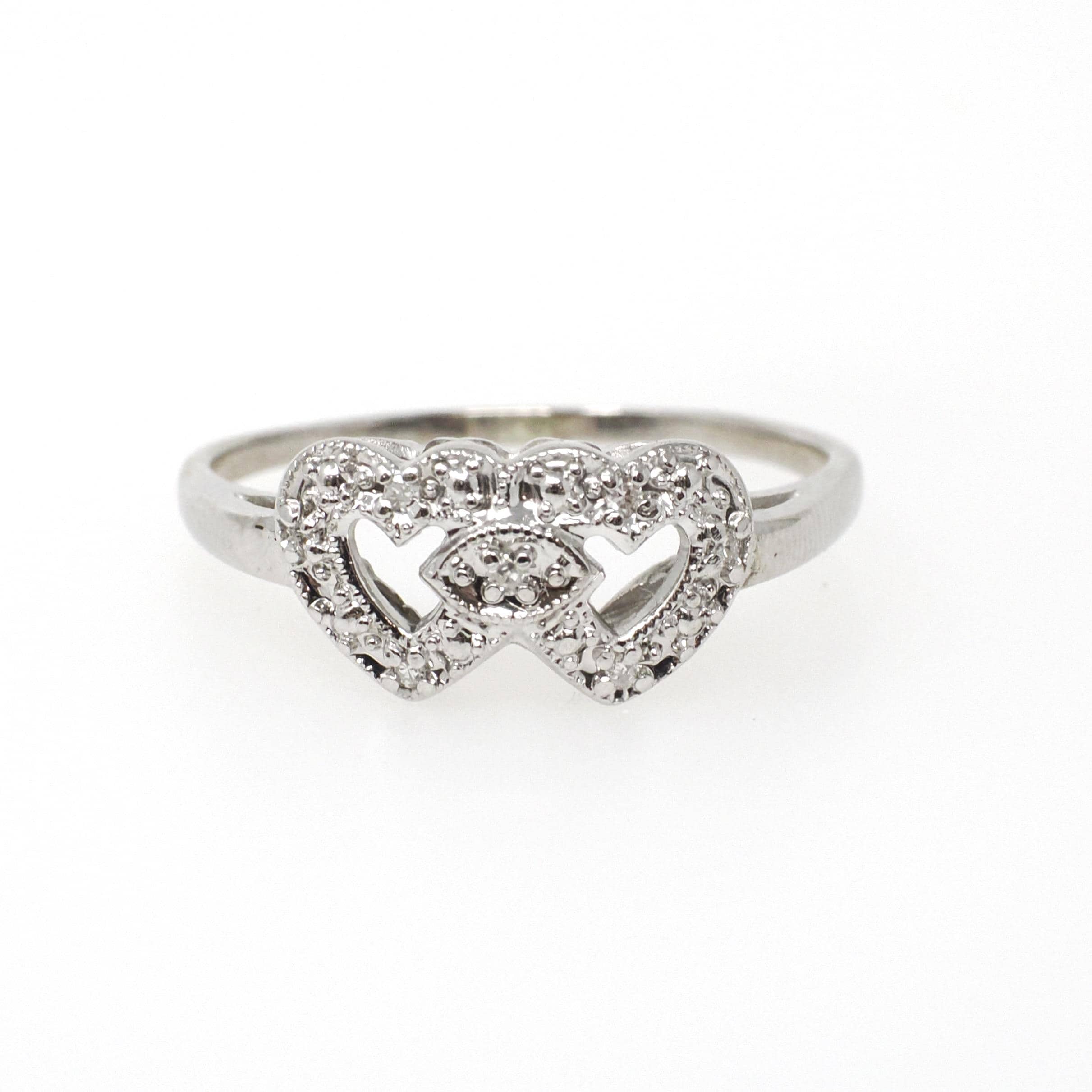 Double Heart Ring - Mid Century 14k White Gold Sweetheart Promise Love - Vintage Circa 1950s Era Size 9 1/4 Natural Diamonds Fine Jewelry