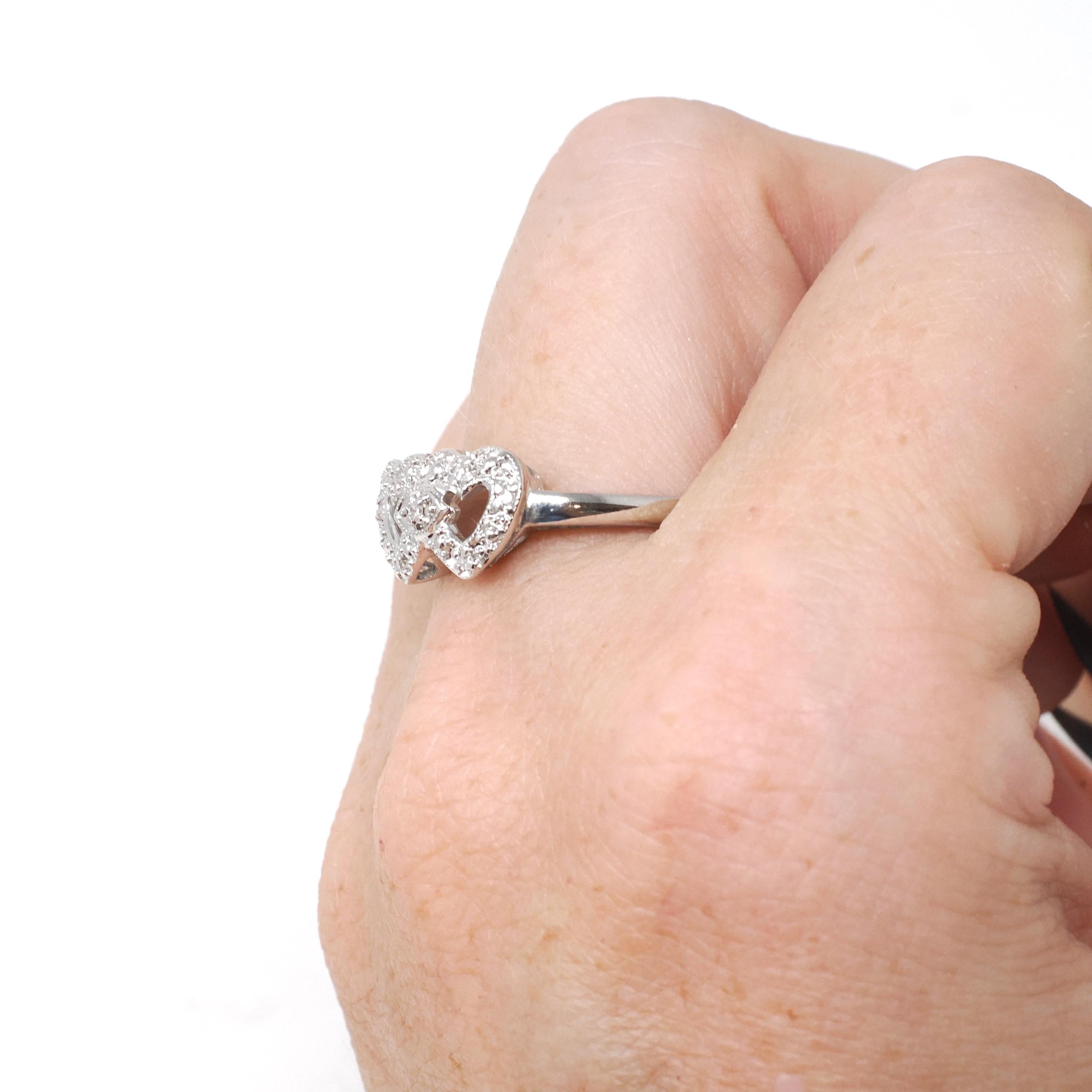 Double Heart Ring - Mid Century 14k White Gold Sweetheart Promise Love - Vintage Circa 1950s Era Size 9 1/4 Natural Diamonds Fine Jewelry