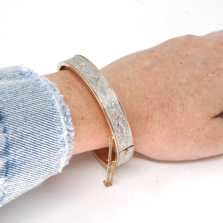 Vintage Flower Bangle - Mid Century 12k Gold Filled Two Tone Hinged Bracelet - Circa 1950s Era Wide Stacking Textured Fashion Jewelry