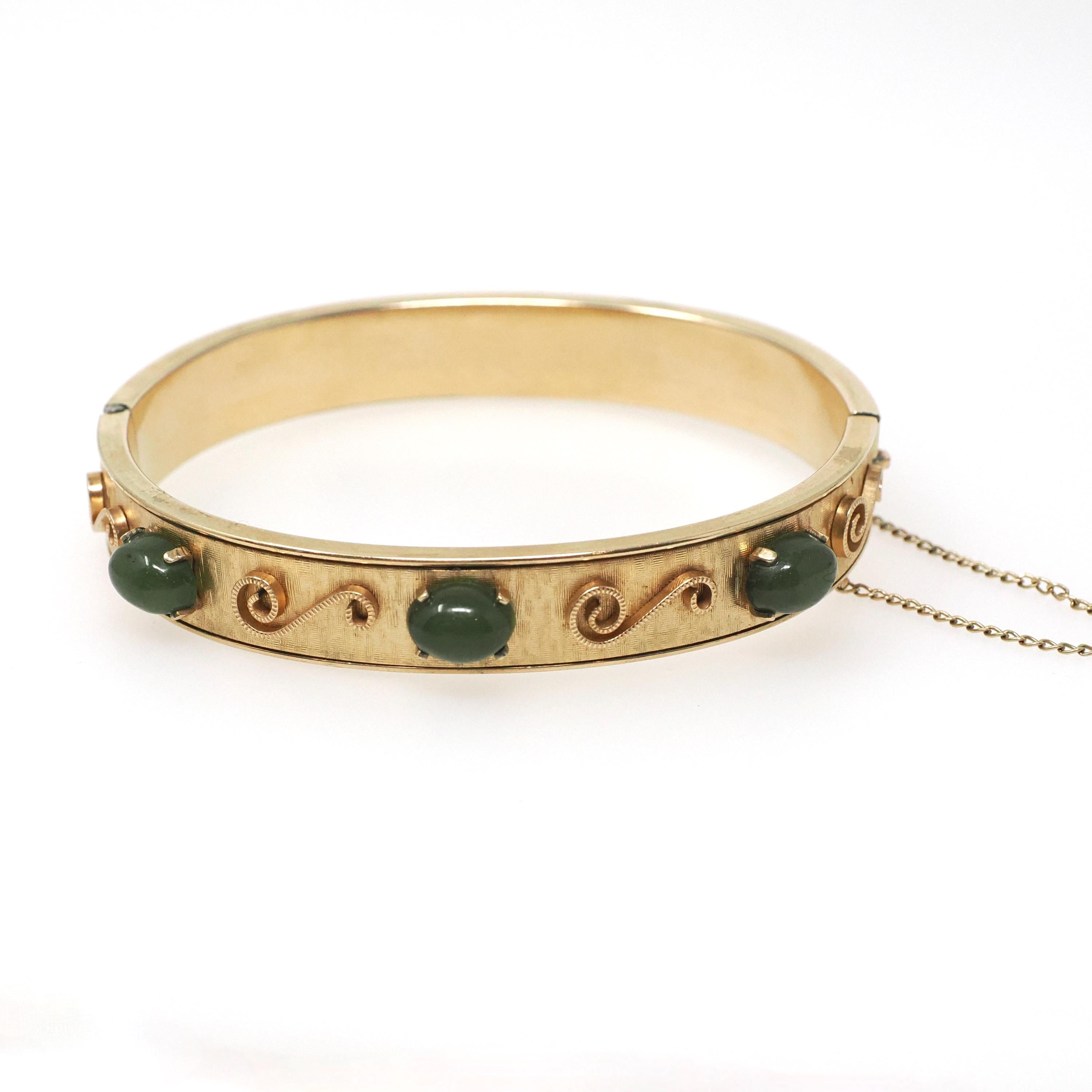 Vintage Jade Bangle - Mid Century 12k Gold Filled Nephrite Green Gem Hinged Bracelet - Circa Early 1960s Era Wide Stacking Fashion Jewelry