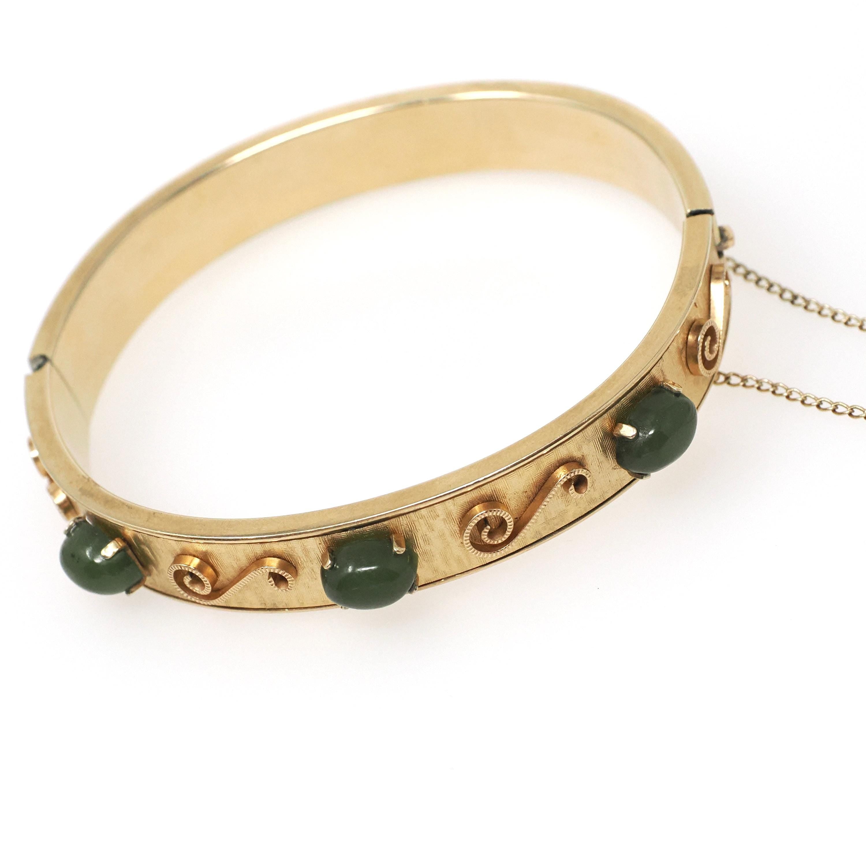 Vintage Jade Bangle - Mid Century 12k Gold Filled Nephrite Green Gem Hinged Bracelet - Circa Early 1960s Era Wide Stacking Fashion Jewelry