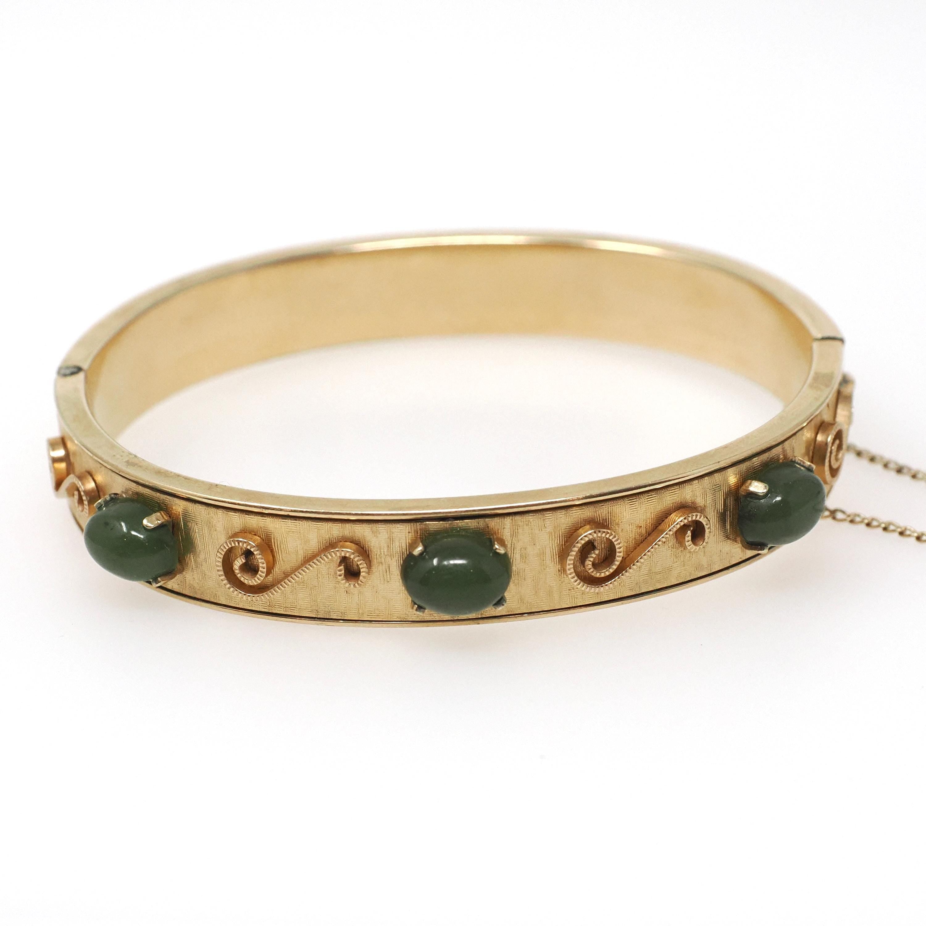 Vintage Jade Bangle - Mid Century 12k Gold Filled Nephrite Green Gem Hinged Bracelet - Circa Early 1960s Era Wide Stacking Fashion Jewelry