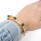 Vintage Jade Bangle - Mid Century 12k Gold Filled Nephrite Green Gem Hinged Bracelet - Circa Early 1960s Era Wide Stacking Fashion Jewelry