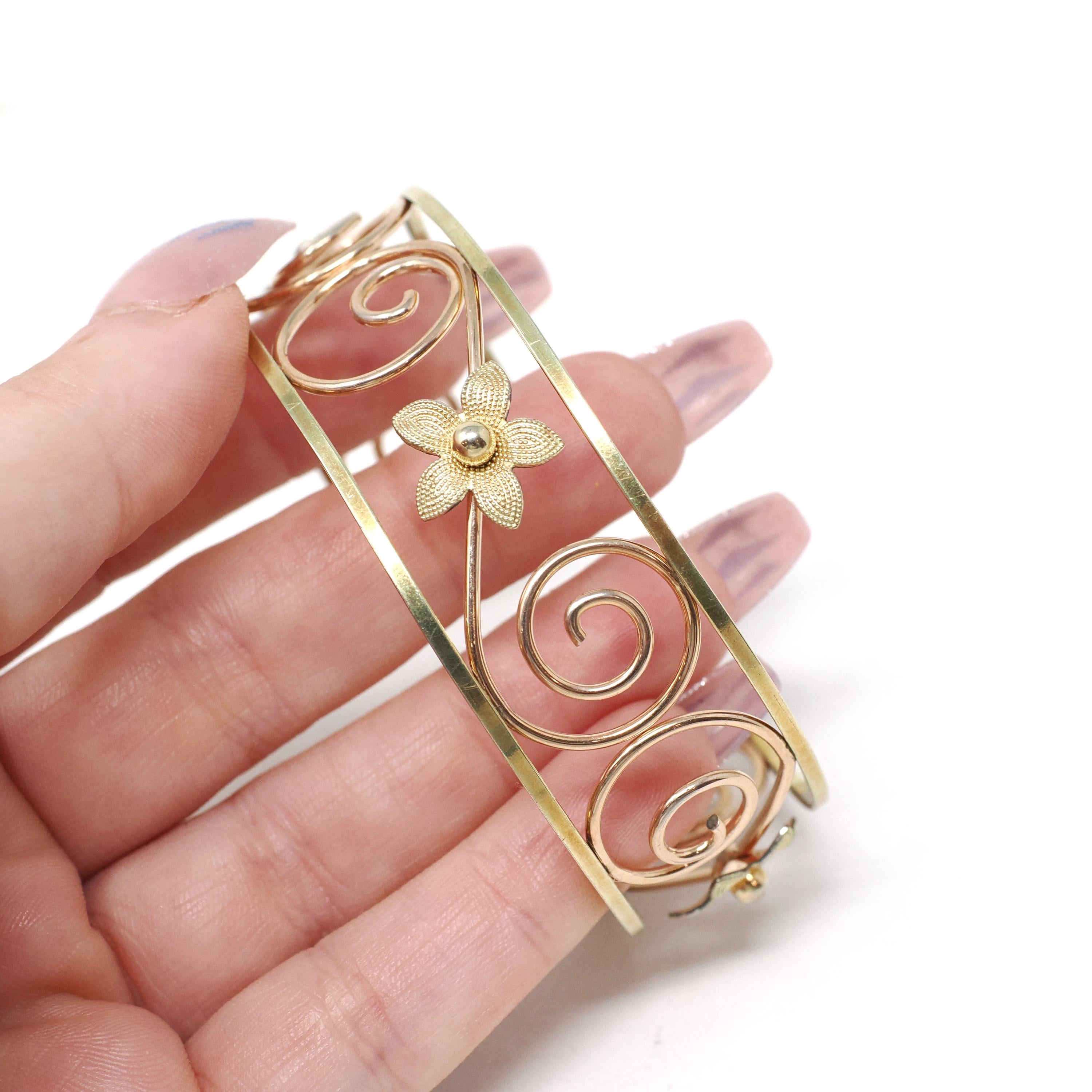 Vintage Cuff Bracelet - Mid Century Yellow & Rose Gold Filled Two Tone Open Metal Designs - Circa 1950s Era Krementz USA Statement Jewelry