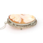 Filigree Cameo Pendant - Vintage Art Deco 14k White Gold Carved Woman Shell Necklace - Circa 1930s Era Convertible Brooch Pin Fine Jewelry