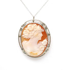 Filigree Cameo Pendant - Vintage Art Deco 14k White Gold Carved Woman Shell Necklace - Circa 1930s Era Convertible Brooch Pin Fine Jewelry