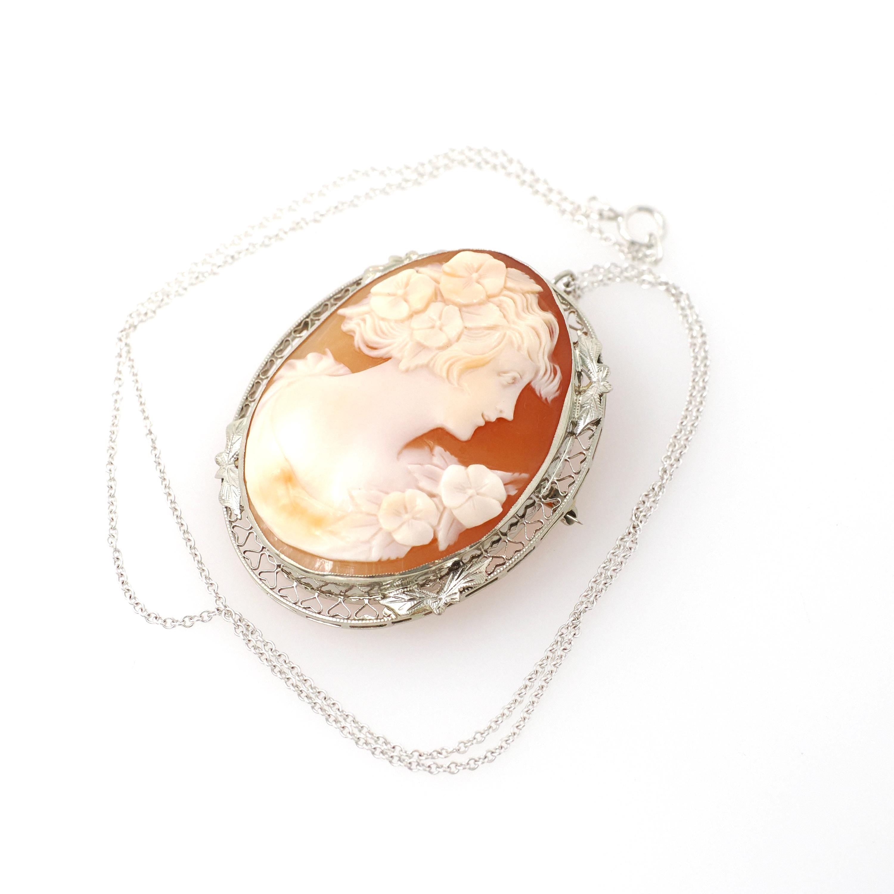 Filigree Cameo Pendant - Vintage Art Deco 14k White Gold Carved Woman Shell Necklace - Circa 1930s Era Convertible Brooch Pin Fine Jewelry