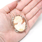 Filigree Cameo Pendant - Vintage Art Deco 14k White Gold Carved Woman Shell Necklace - Circa 1930s Era Convertible Brooch Pin Fine Jewelry