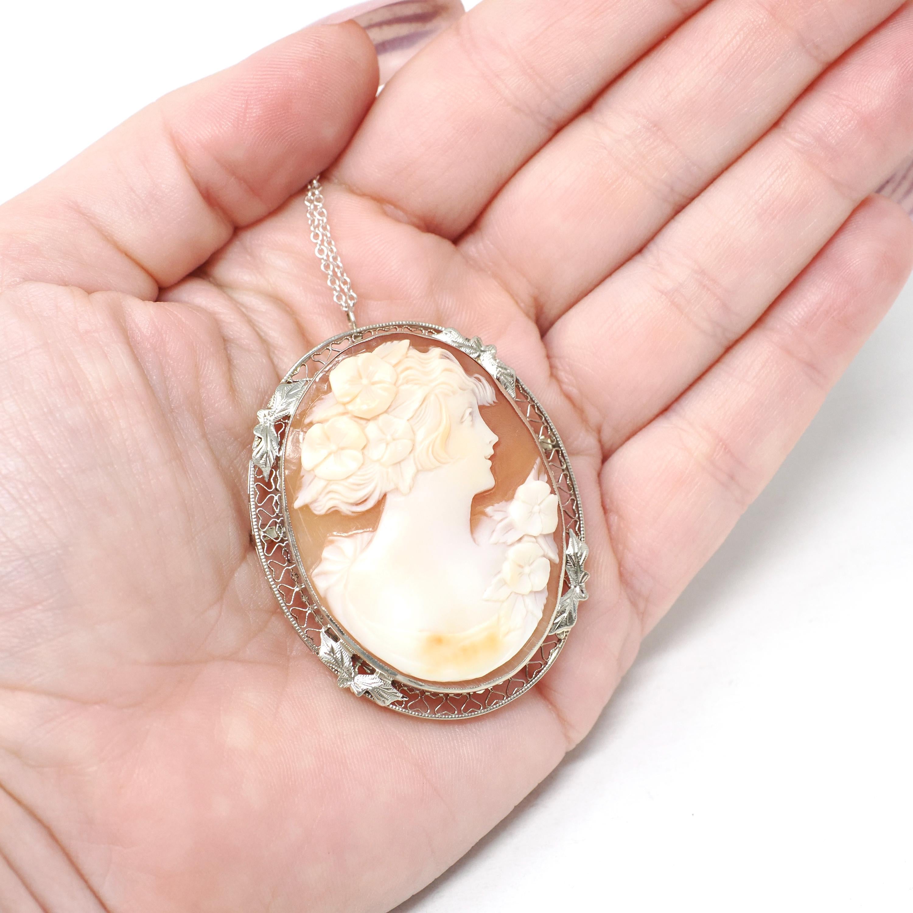 Filigree Cameo Pendant - Vintage Art Deco 14k White Gold Carved Woman Shell Necklace - Circa 1930s Era Convertible Brooch Pin Fine Jewelry