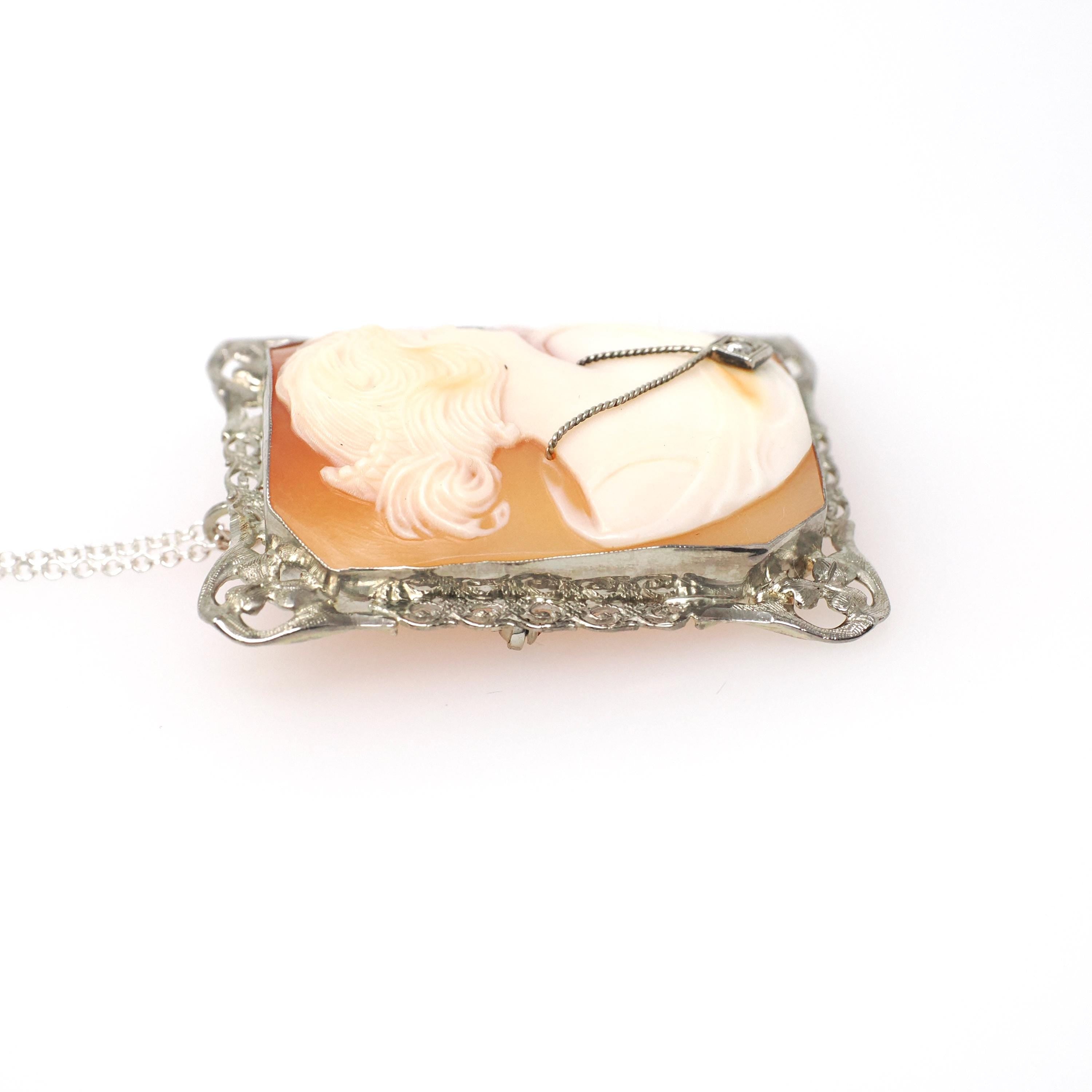 Habillé Cameo Pendant - Art Deco Era 14k White Gold Natural Diamond Carved Shell Woman's Profile Necklace - Vintage Circa 1930s Fine Jewelry