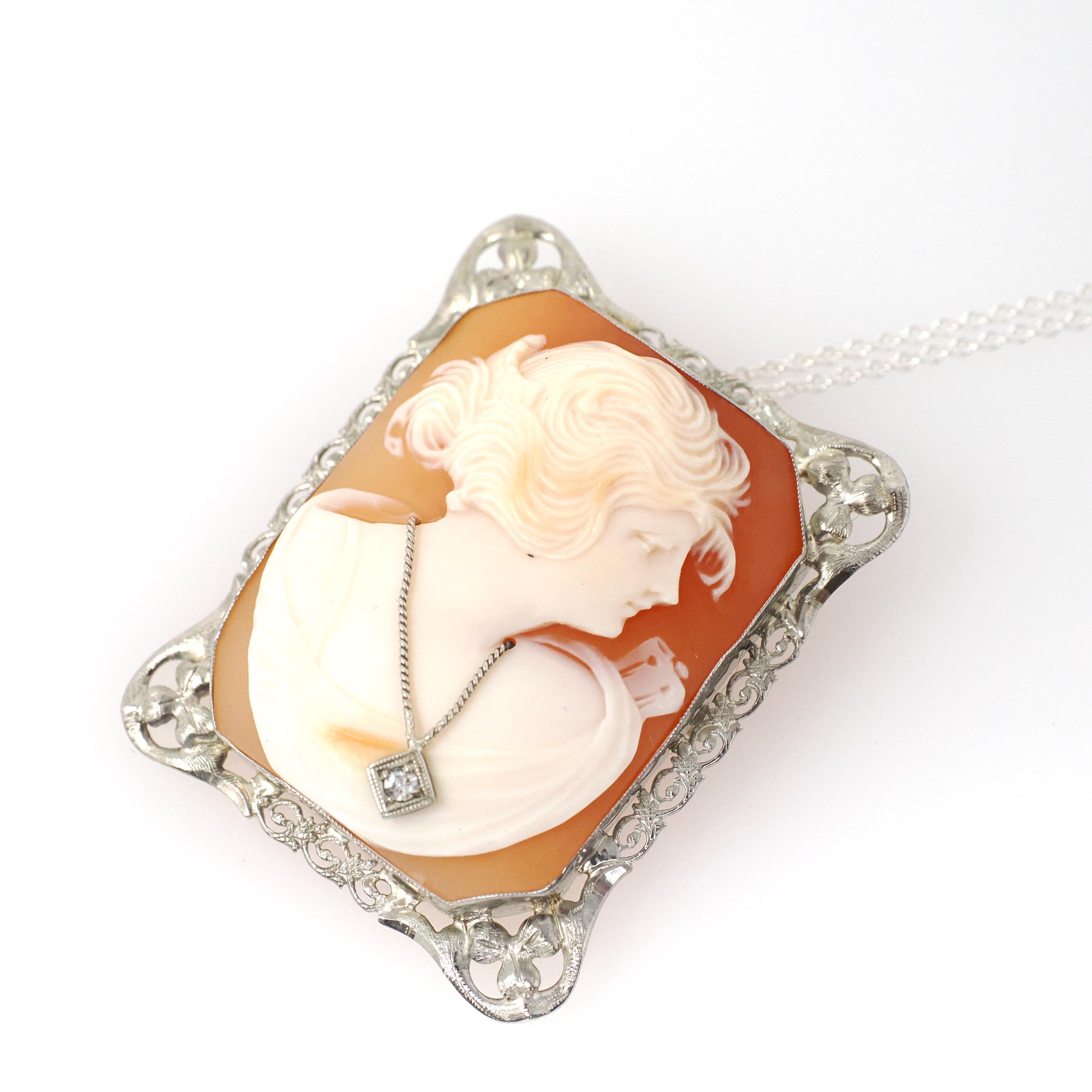 Habillé Cameo Pendant - Art Deco Era 14k White Gold Natural Diamond Carved Shell Woman's Profile Necklace - Vintage Circa 1930s Fine Jewelry