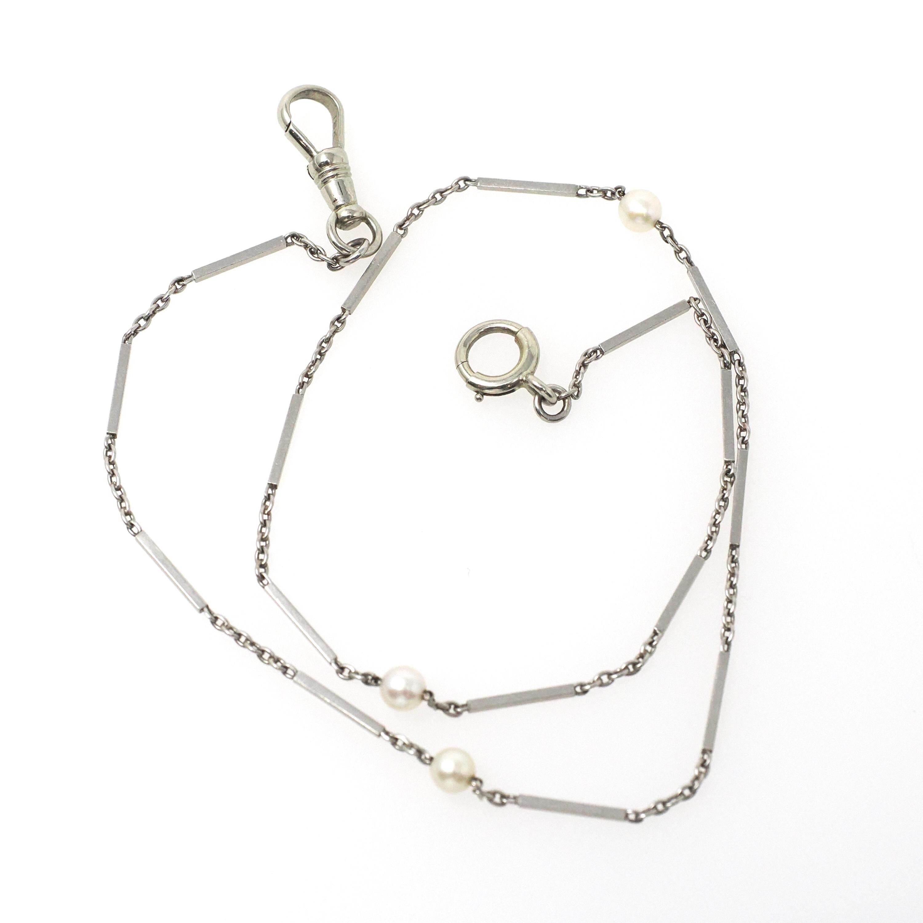 Pearl Watch Chain - Antique 18k White Gold & Platinum Dog Clip Spring Ring Curb Links And Bars - Art Deco Circa 1920s Fine Dainty Jewelry