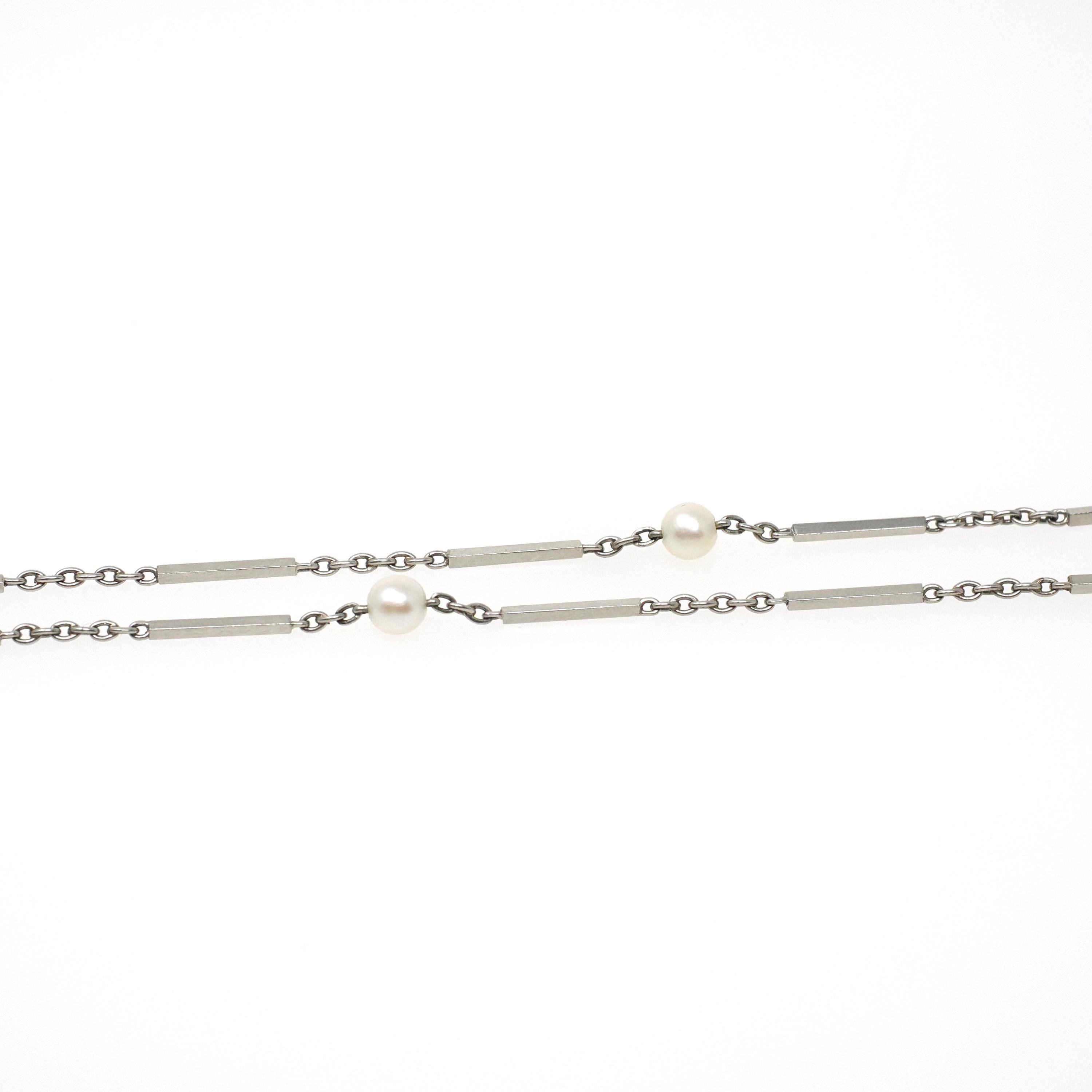 Pearl Watch Chain - Antique 18k White Gold & Platinum Dog Clip Spring Ring Curb Links And Bars - Art Deco Circa 1920s Fine Dainty Jewelry