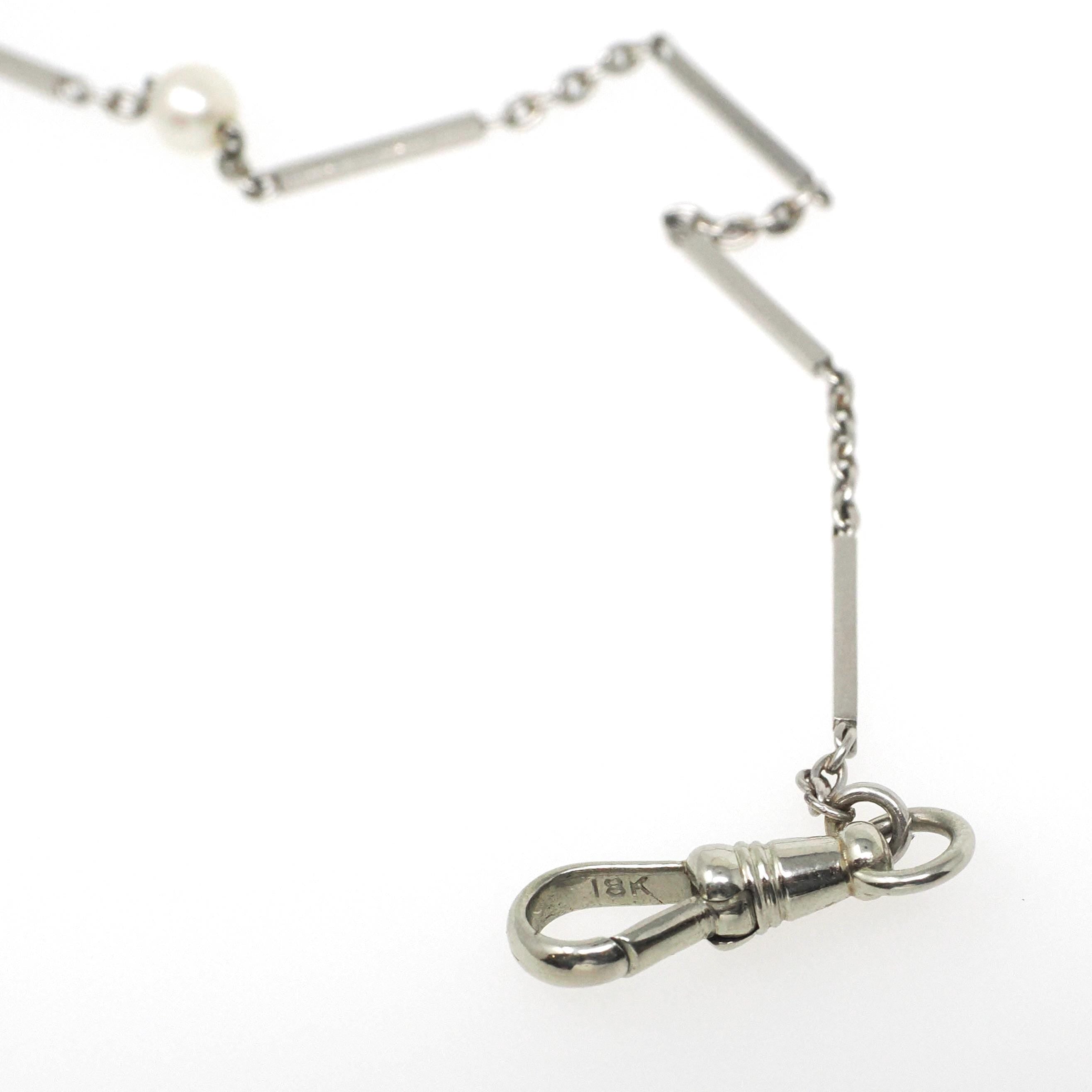 Pearl Watch Chain - Antique 18k White Gold & Platinum Dog Clip Spring Ring Curb Links And Bars - Art Deco Circa 1920s Fine Dainty Jewelry