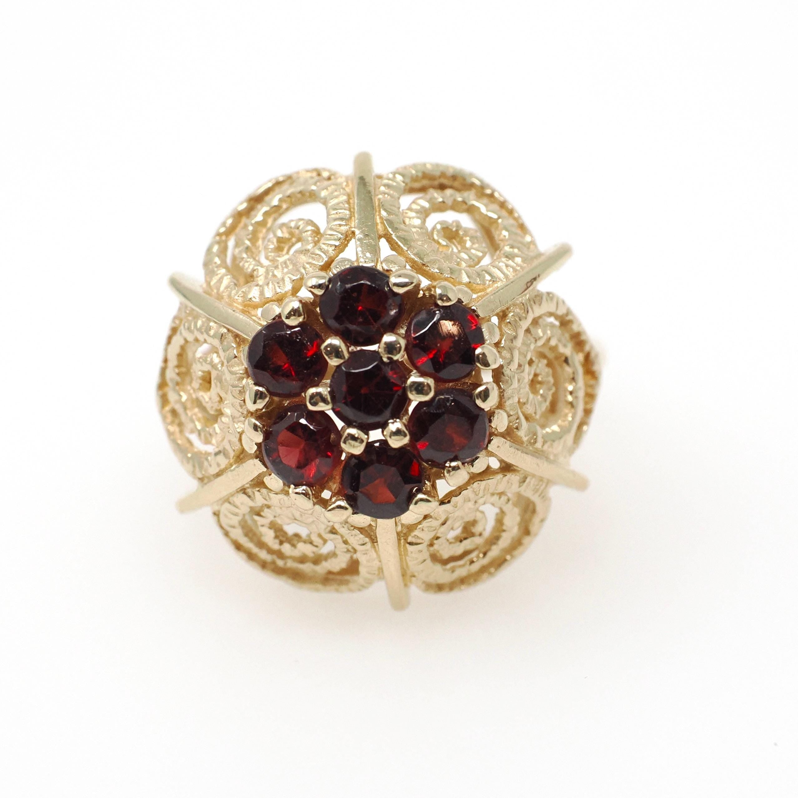 Vintage Garnet Flower Ring - Modernist 14k Yellow Gold Natural Red Gemstone Cluster - Circa 1970s Size 7 1/4 January Birthstone Fine Jewelry