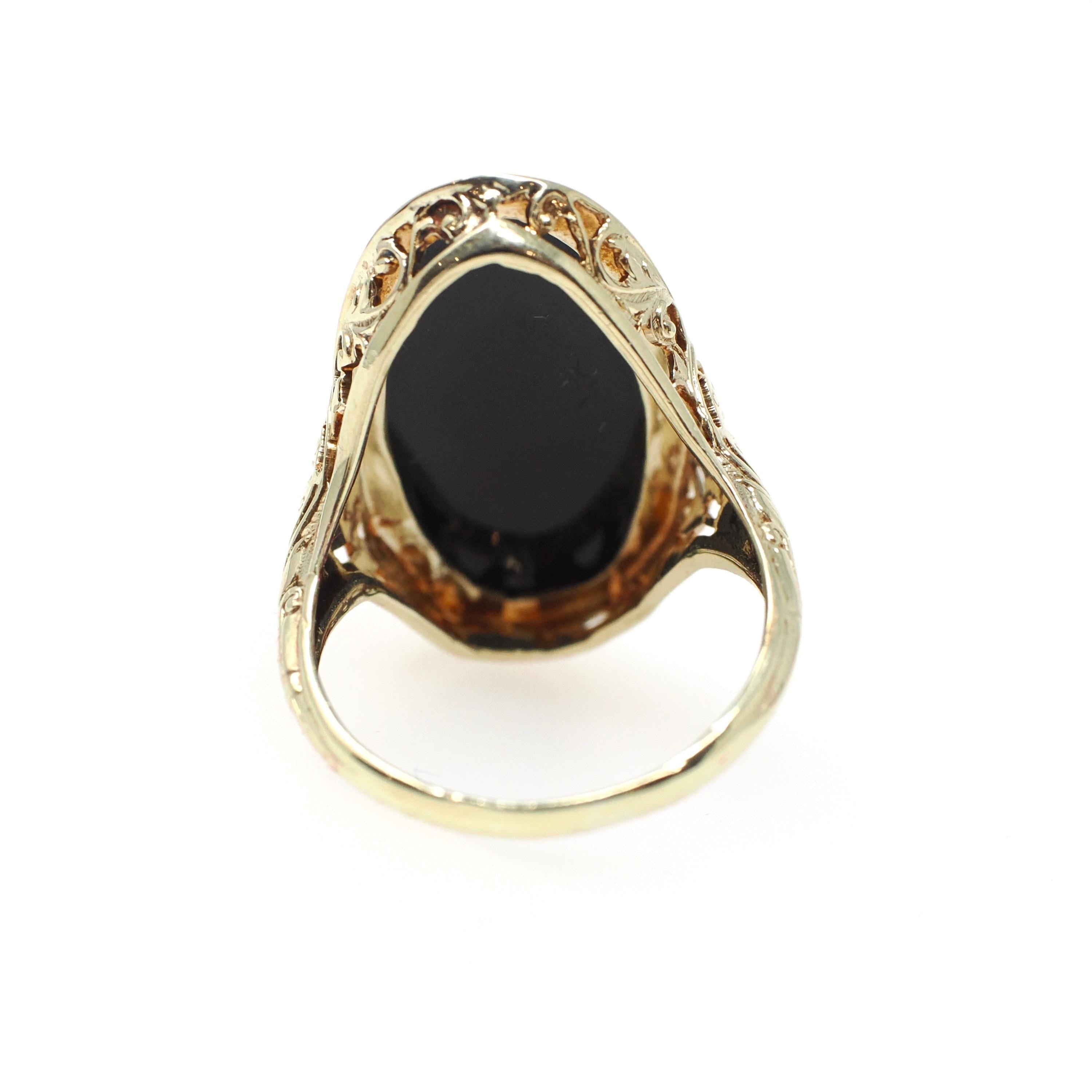 Antique Cameo Ring - Art Deco Era 14k Yellow Gold Carved Female Figure Black & White Onyx - Circa 1920s Size 5 1/2 Statuesque Fine Jewelry