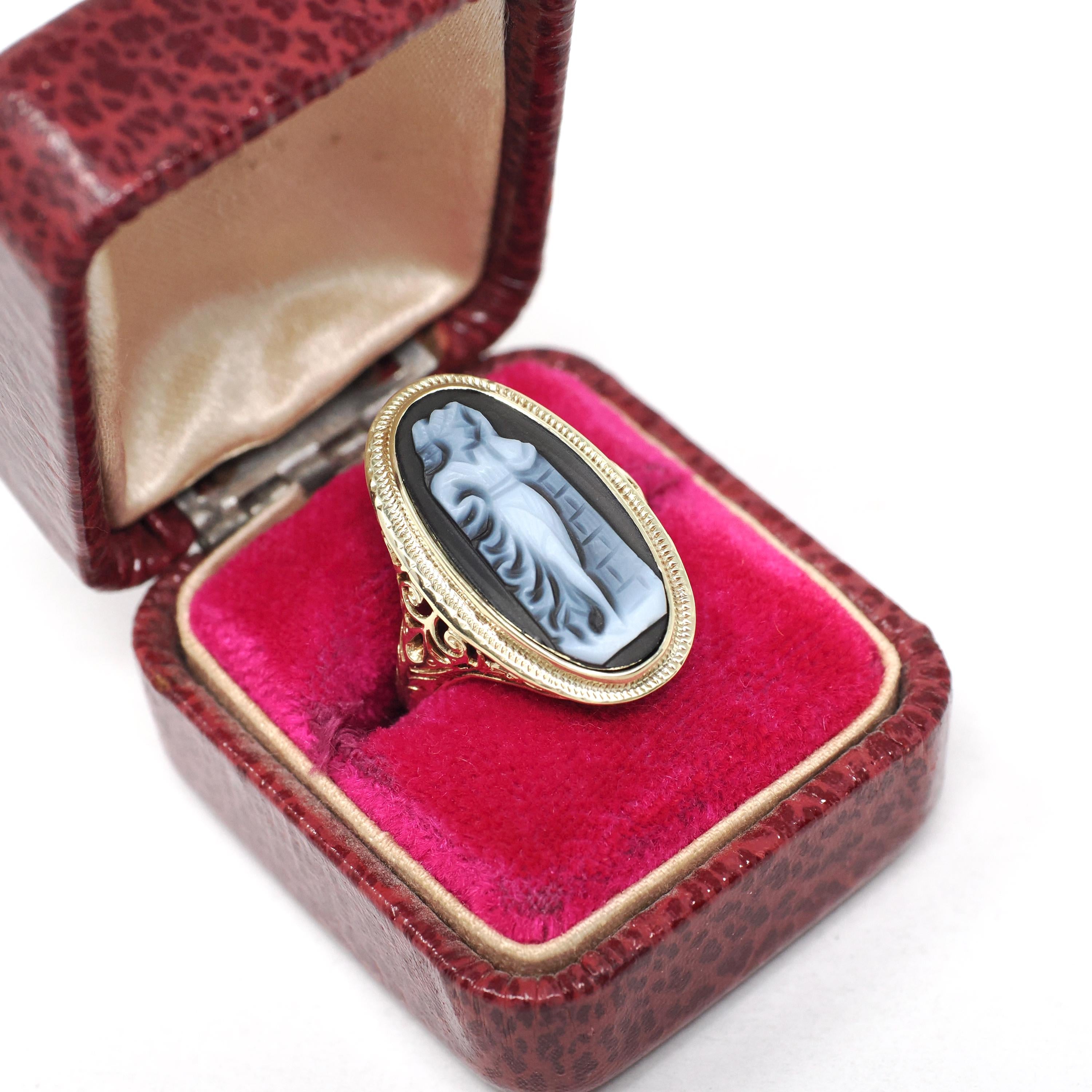 Antique Cameo Ring - Art Deco Era 14k Yellow Gold Carved Female Figure Black & White Onyx - Circa 1920s Size 5 1/2 Statuesque Fine Jewelry