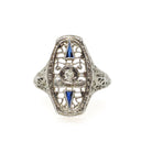 Art Deco Shield Ring - Antique 18k White Gold Filigree Diamond Created Sapphire Statement - Circa 1920s Era Size 6 Fine Statement Jewelry